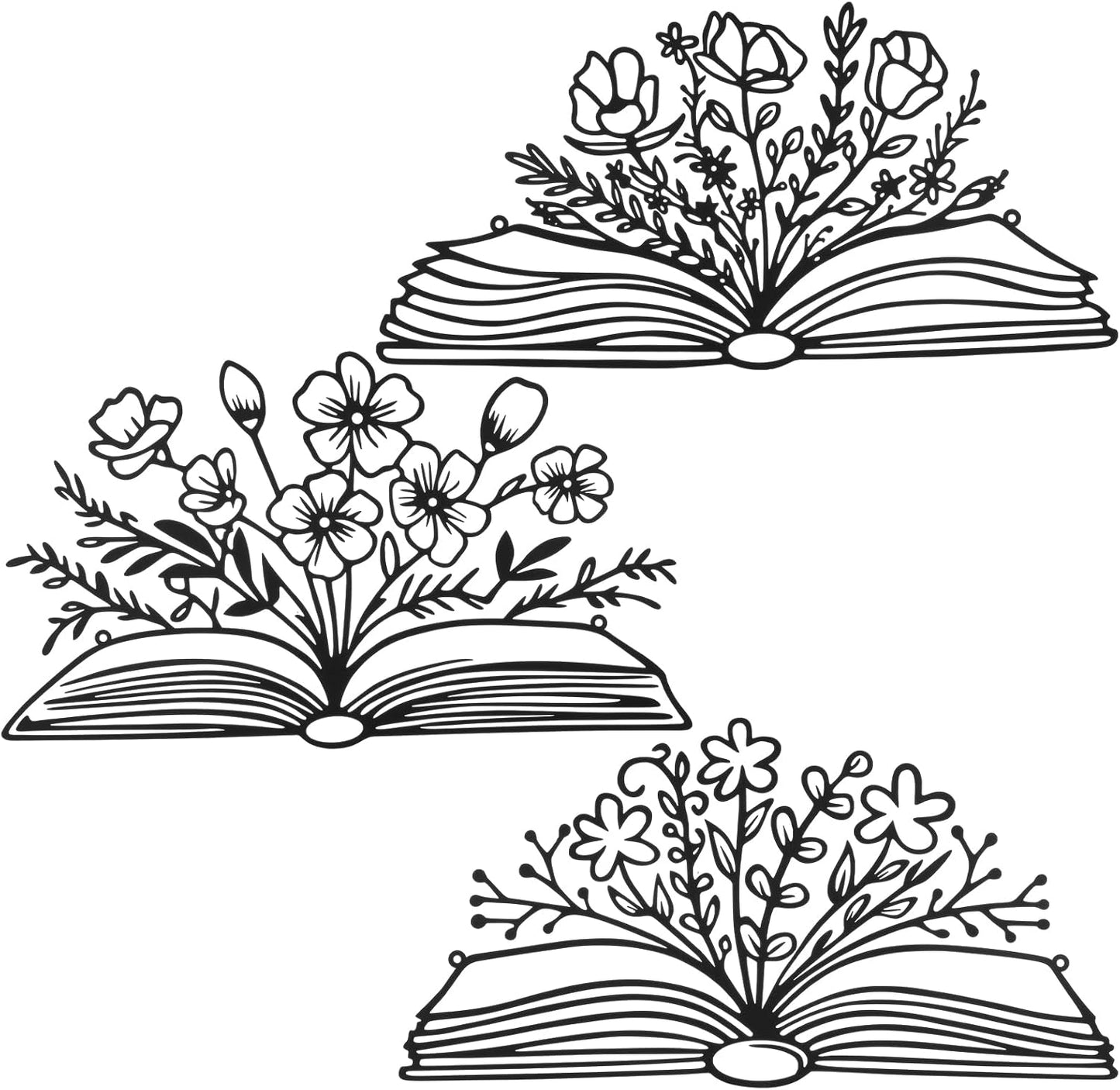 Honeydak 3 Pcs Reading Metal Book Flower Wall Art Decor Black Wall Hanging Decor Library Sign Silhouette Book Lovers Teacher Gift Wall Sculptures for Home Reading Room Living Room Bedroom Office