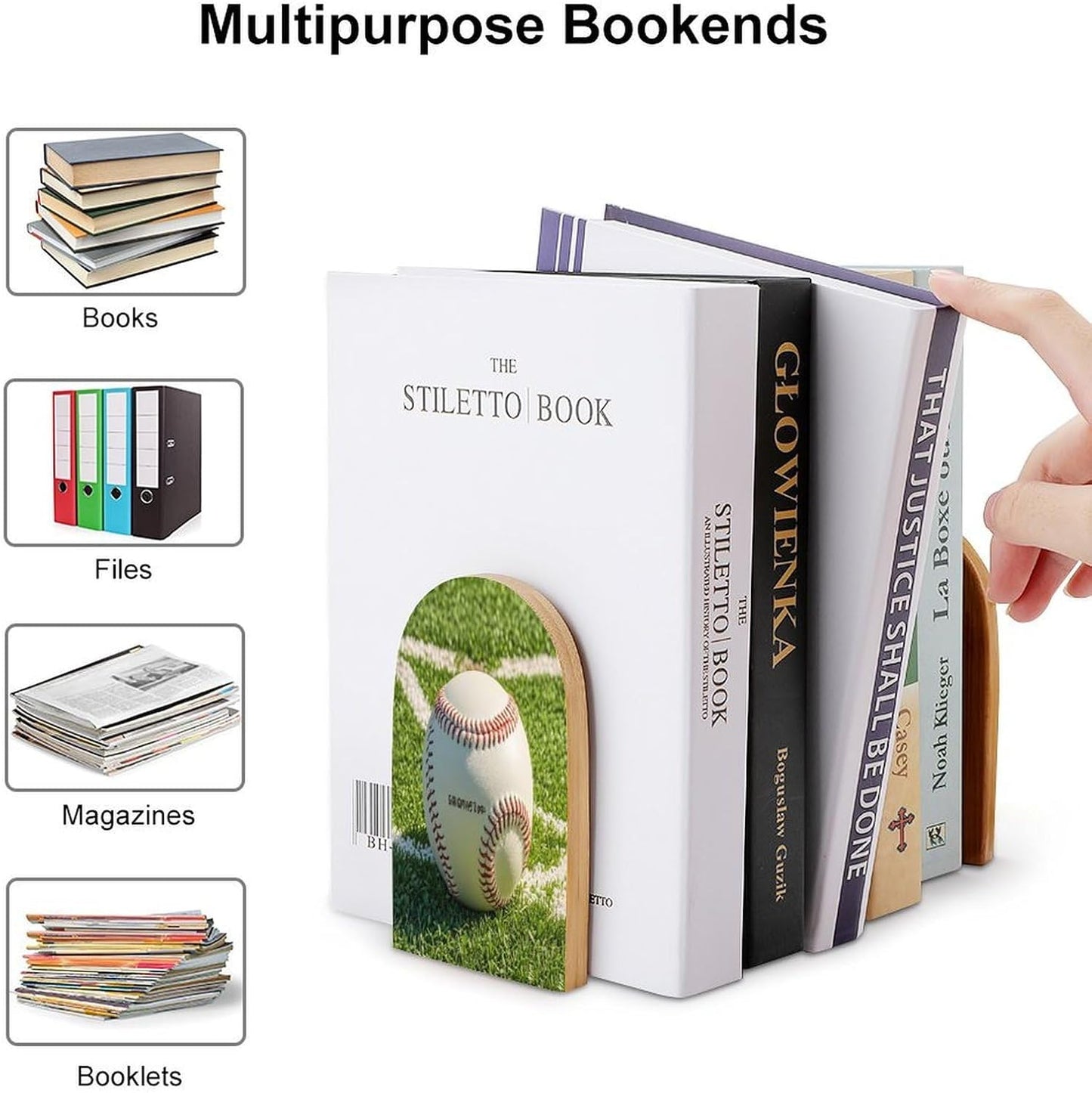 Green Baseball Field Backdrop Bookends 1 Pair Heavy Duty Book Ends for Shelves Non-Skid Bookend Supports Wooden Book Holders with Metal Base Desk Organizers Books Storage to Hold Books