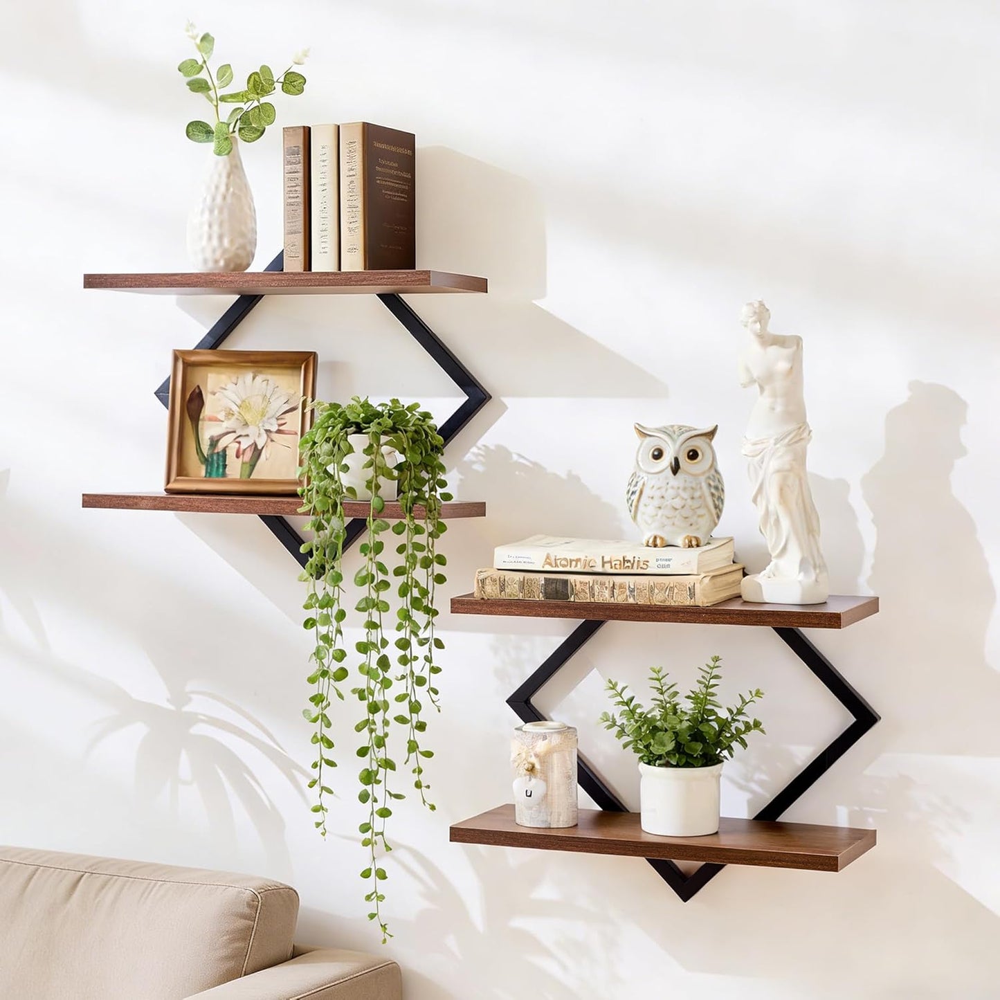 Set of 2 Floating Shelves Farmhouse Wall Shelves 2-Tier Decorative Hanging Shelves Wall Mounted Bathroom Shelves Wooden Wall Decor Shelf (Brown)