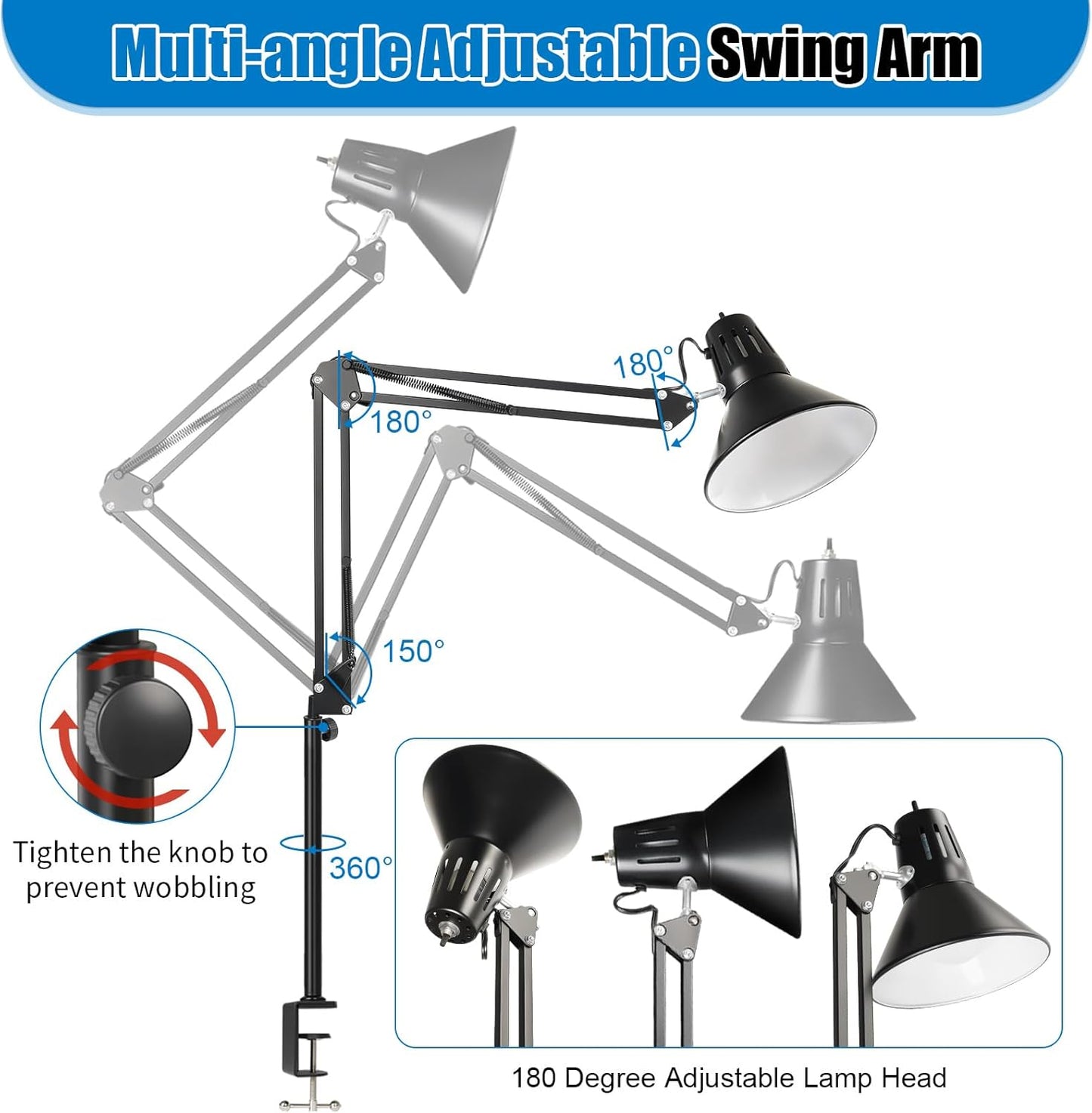 LED Clamp on Desk Lamp,360°Adjustable Swing Arm Desk Lamp,Clamp Light with Eye-Caring LED Bulb for Home Office Reading Drafting