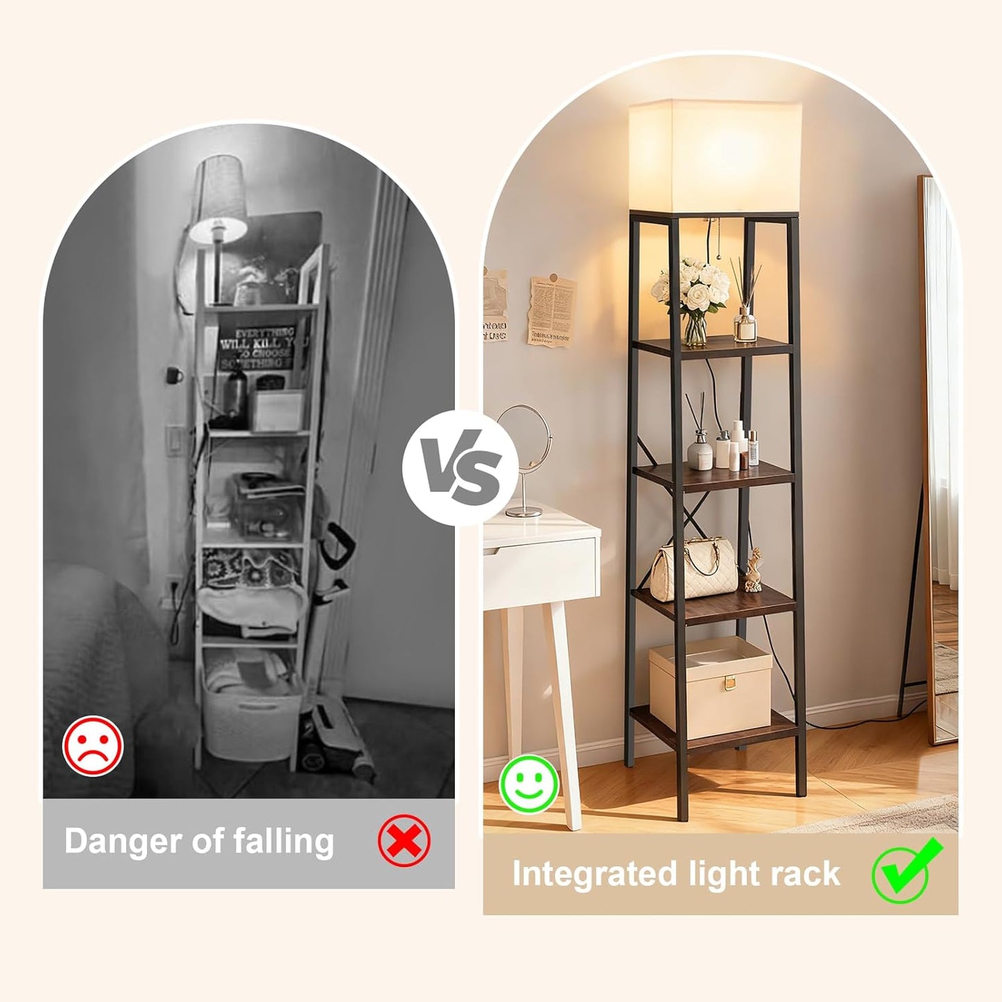 Ladder Shelf with Lamp, 4-Tier Bookshelf Bookcase, Freestanding Corner Storage Shelve for Home Office, Living Room, Kitchen, Bedroom, Industrial, Rustic Brown