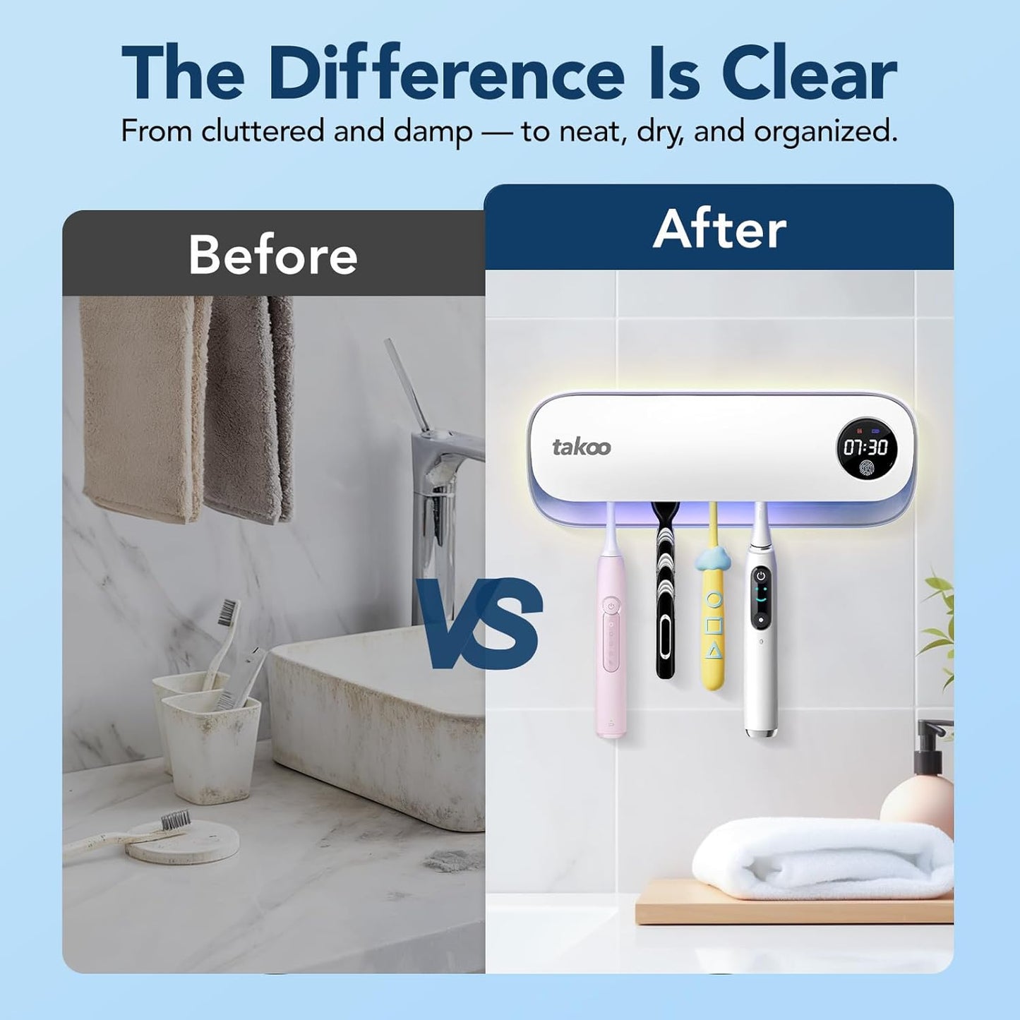 Takoo Toothbrush Cleaner, 4 Slots Wall Mounted Toothbrush Holder for Bathroom, Smart Hot Air Drying Technology, Rechargeable Smart Home Gadget