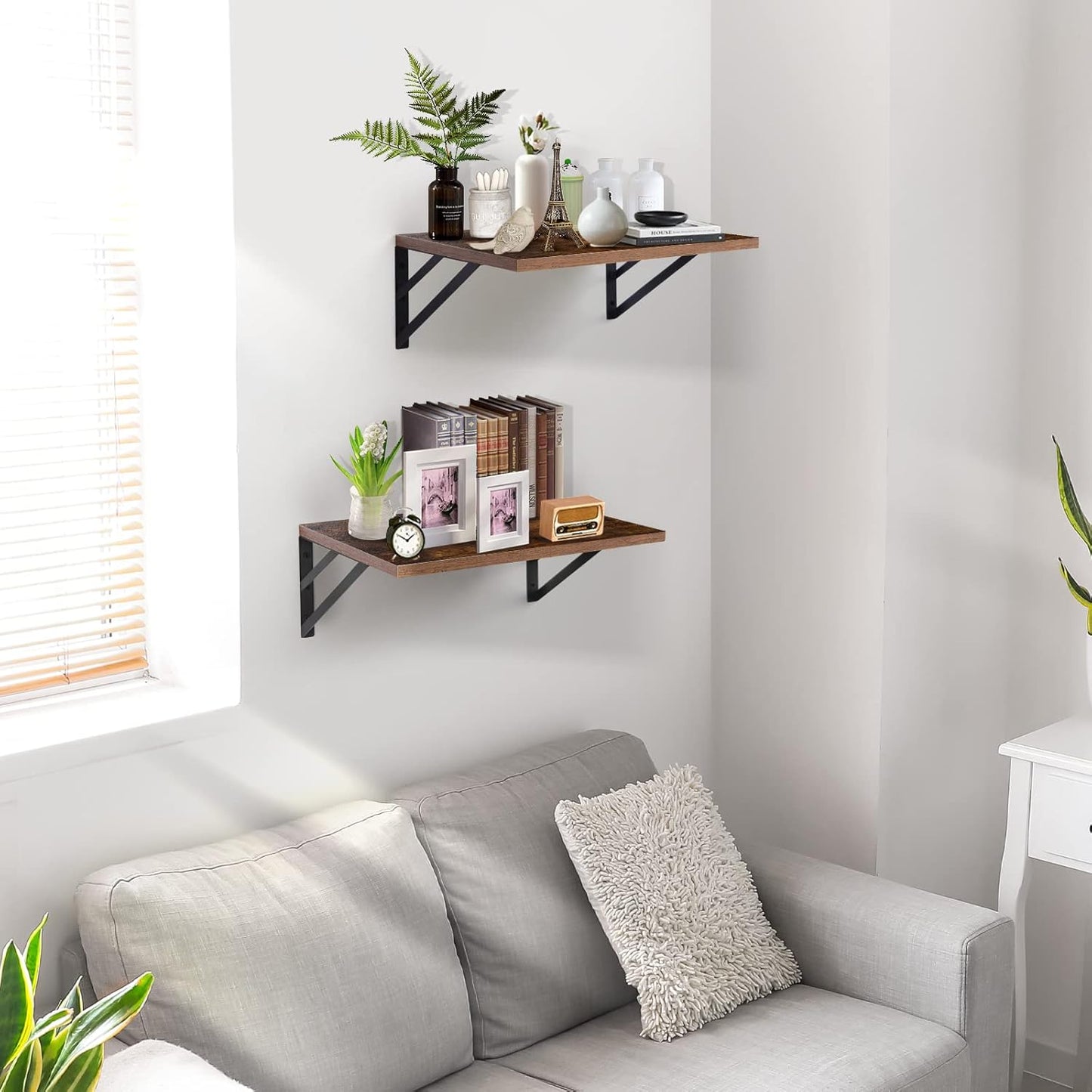 2 Pc Deep Floating Shelves ; Wall Mounted Hanging Shelves for Living Room, Kitchen, Office, Bathroom and Bedroom Decor; Storage and Display Shelf Set (Brown, 16W×12D)