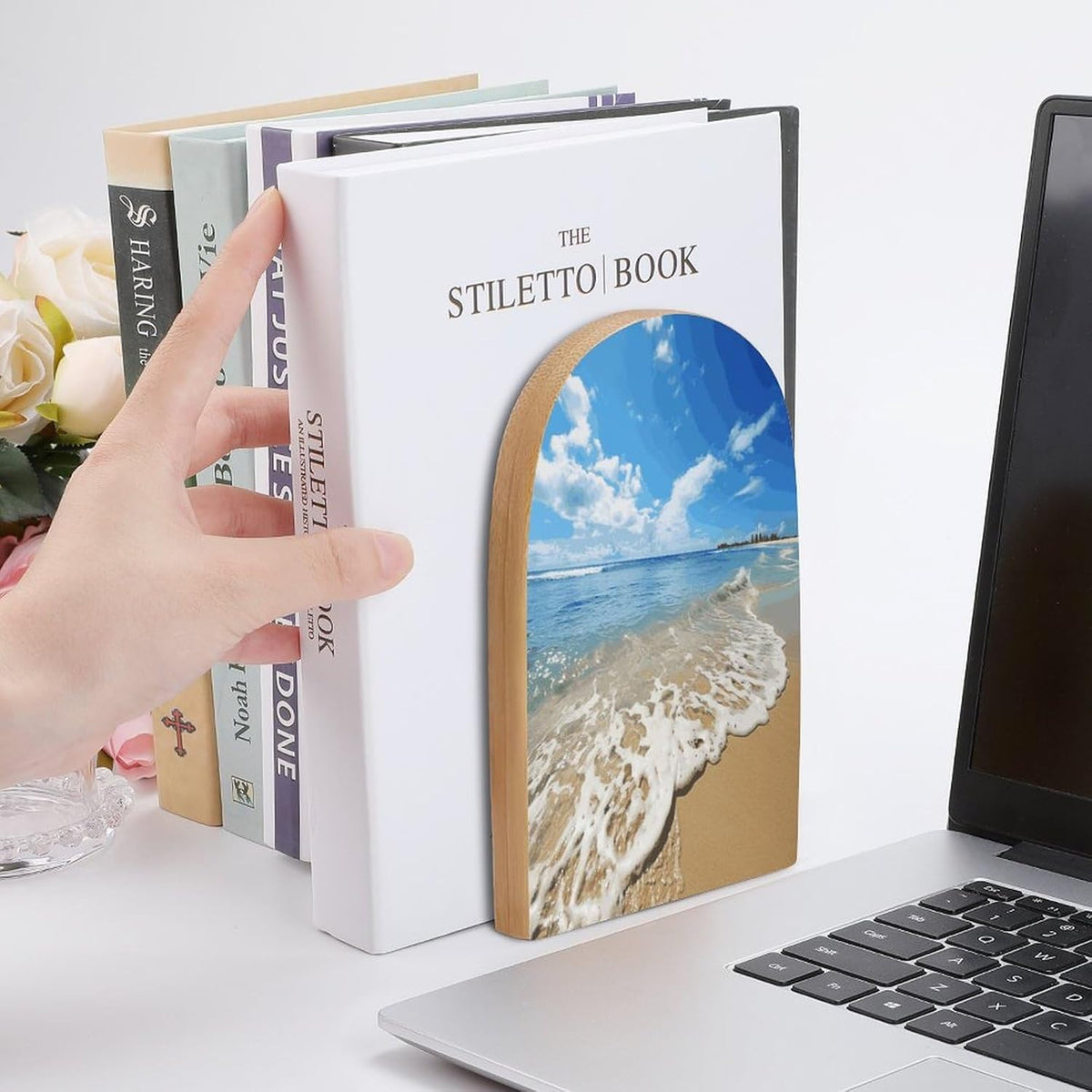 Sea and Beach Wooden Bookend Non-Slip Book Ends Heavy Duty Book Stopper with Metal Base Books Holderd Decorative Bookends Stands Firmly for Office Supplies