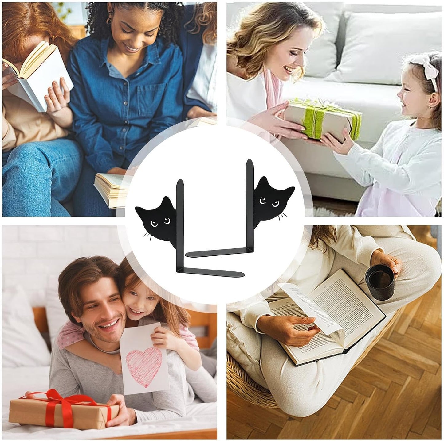 Cat Bookends - Metal Book Divider for Shelf Styling | Peeping Cat Decor Accent with Non-Slip Base Grip, Compact Upright Support & Artistic Silhouette Design for Kids Rooms, Home Offices, Desks and Lib
