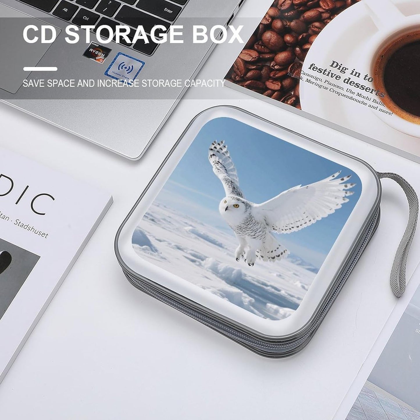 White Snowy Owl CD Case Portable Zipper CD Case 40 Capacity Hard Plastic DVD Cases Holder Large Storage Disc Wallet Bag for Car Home Travel DVD Collection Bag