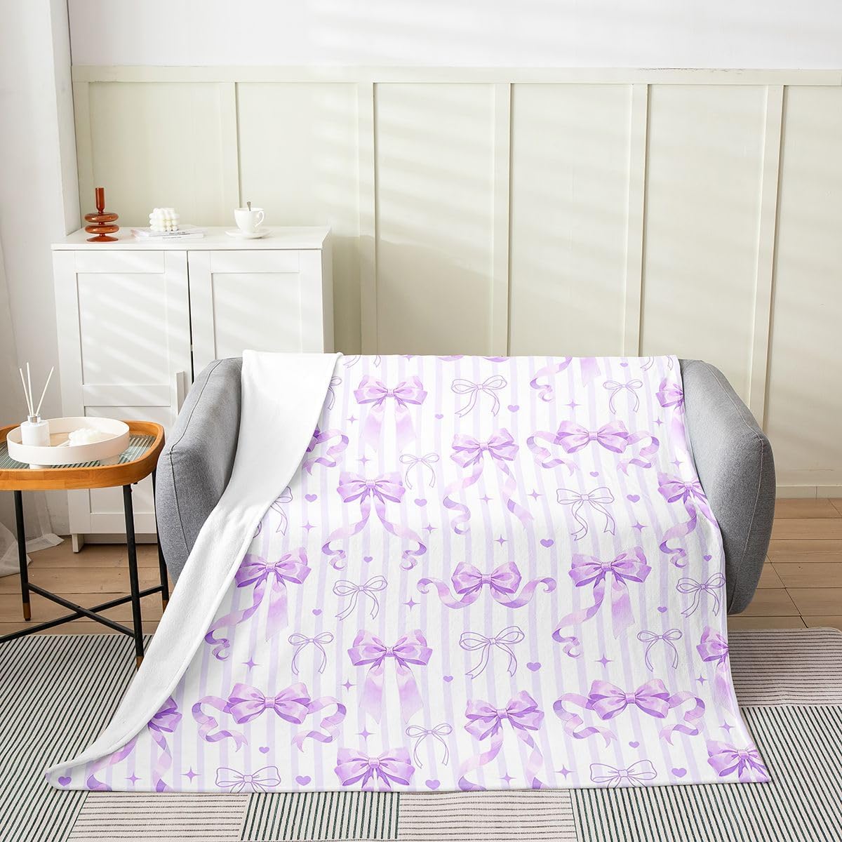 Feelyou Purple Bow Flannel Blanket Plush Fuzzy Cute Ribbon Bowknot Fleece Throw Blanket for Boys Girls Coquette Plush Sofa Throw Aesthetic Twin 60"x80" Stripe Heart Pattern for Bed Couch Chair