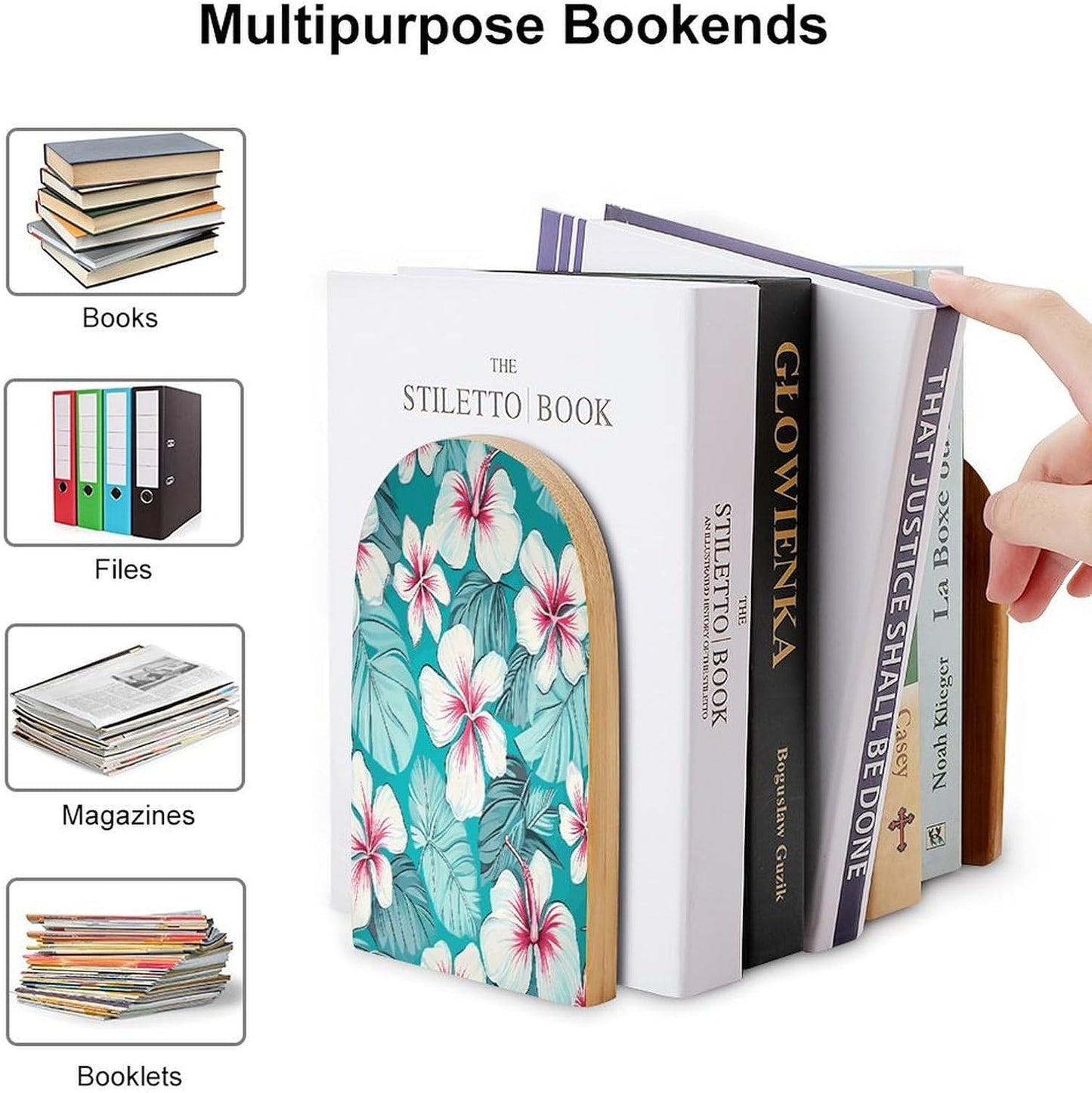 Tropical Hibiscus Flowers Bookend for Shelves Wooden Book End Large Size Sturdy Book Holders Stoppers with Metal Base for Bookshelves Slick Decorative Bookends Stands