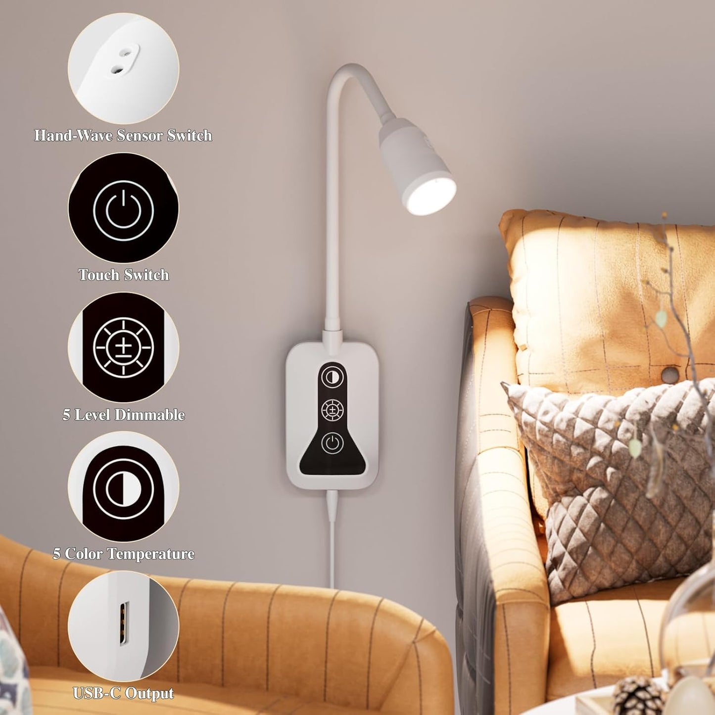 LED Wall Mounted Reading Light with Wave Sensor/Touch Switch, 5 Color & 5 Level Dimmable Touch Book Light for Reading with USB C Charging Port, Eye-Care Bedside Reading Lamp for Bed,Heaboard (White)