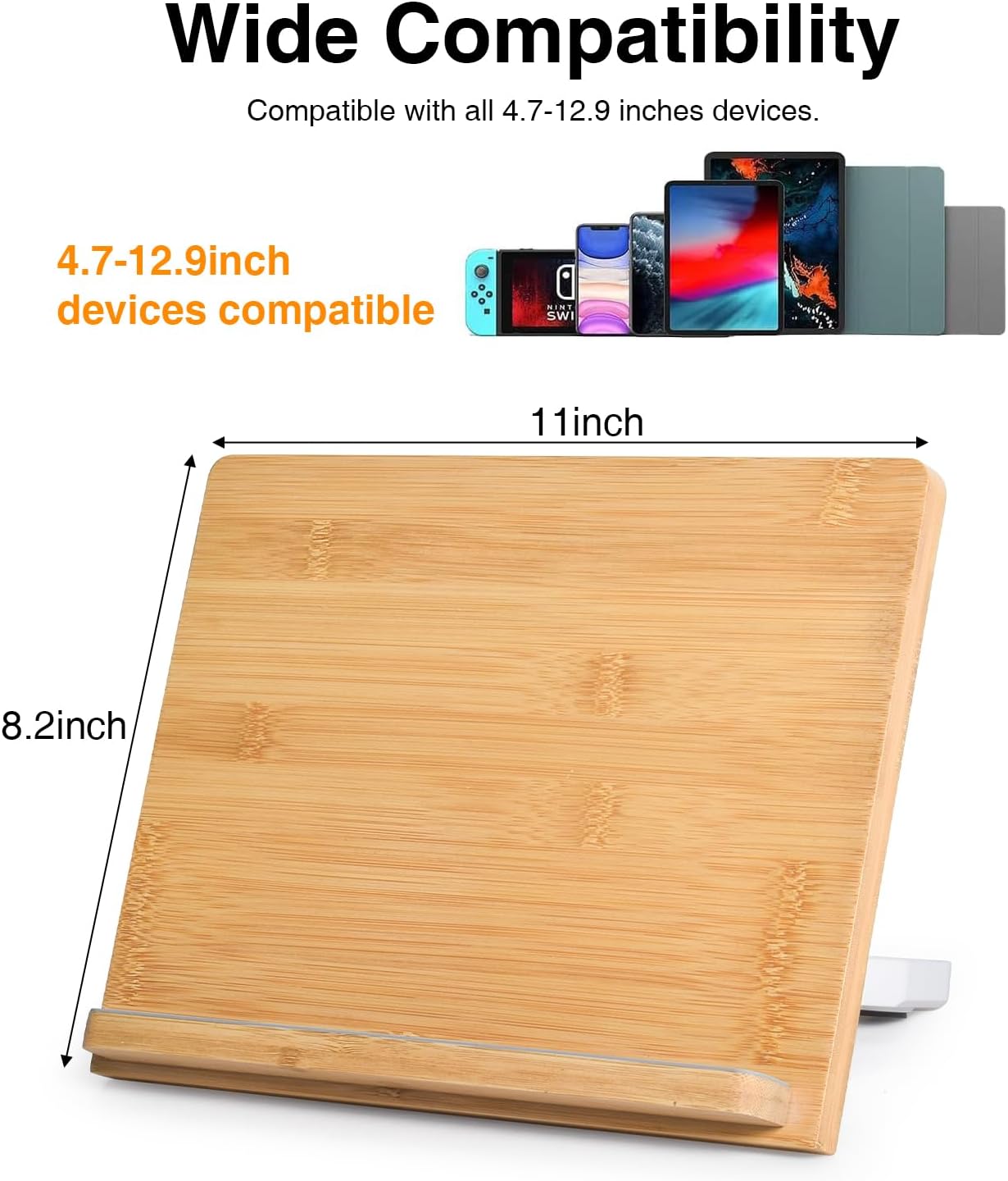 wishacc Bamboo Tablet Stand for Desk, 11"x8.2" Large Wooden Tablet Holder with Adjustable Angles, Thick Case Friendly Wood Stand for iPad Pro 12.9, Samsung, E-Readers, Kitchen & Drawing