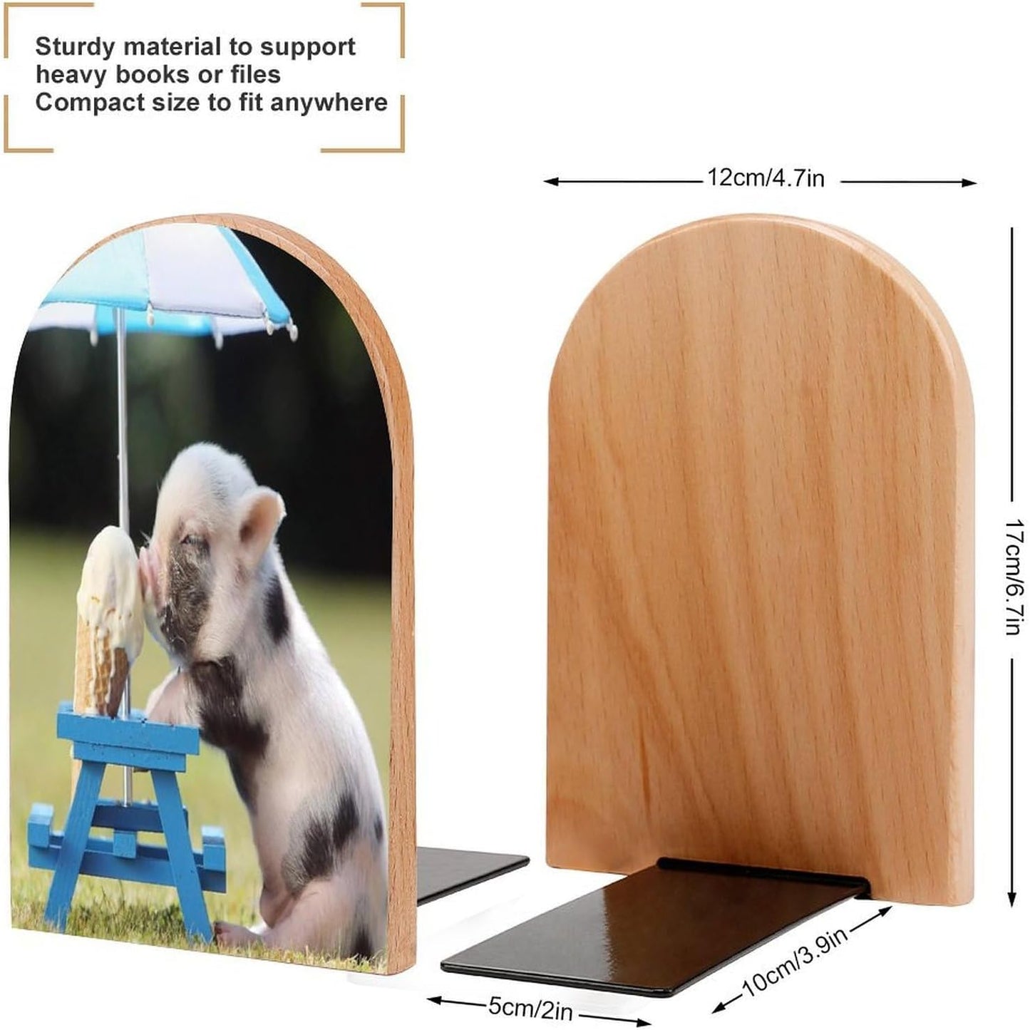 Pigs Eating Ice Cream Wooden Bookend Non-Slip Book Ends Heavy Duty Book Stopper with Metal Base Books Holderd Decorative Bookends Stands Firmly for Office Supplies