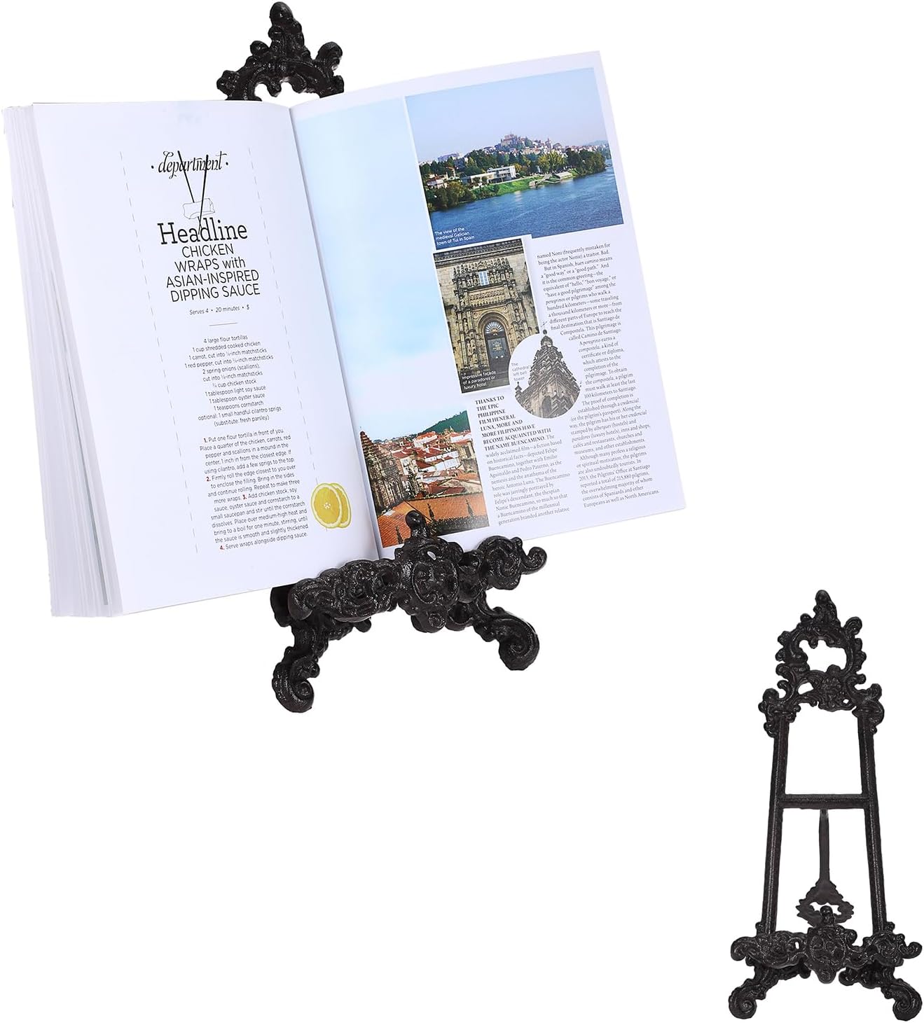 Cast Iron Cookbook Stand - Heavy-Duty Metal Recipe Book Holder, Vintage Cast Iron Display Rack for Recipe Book, Bible, Magazine & Plate, Home Kitchen Countertop Decor