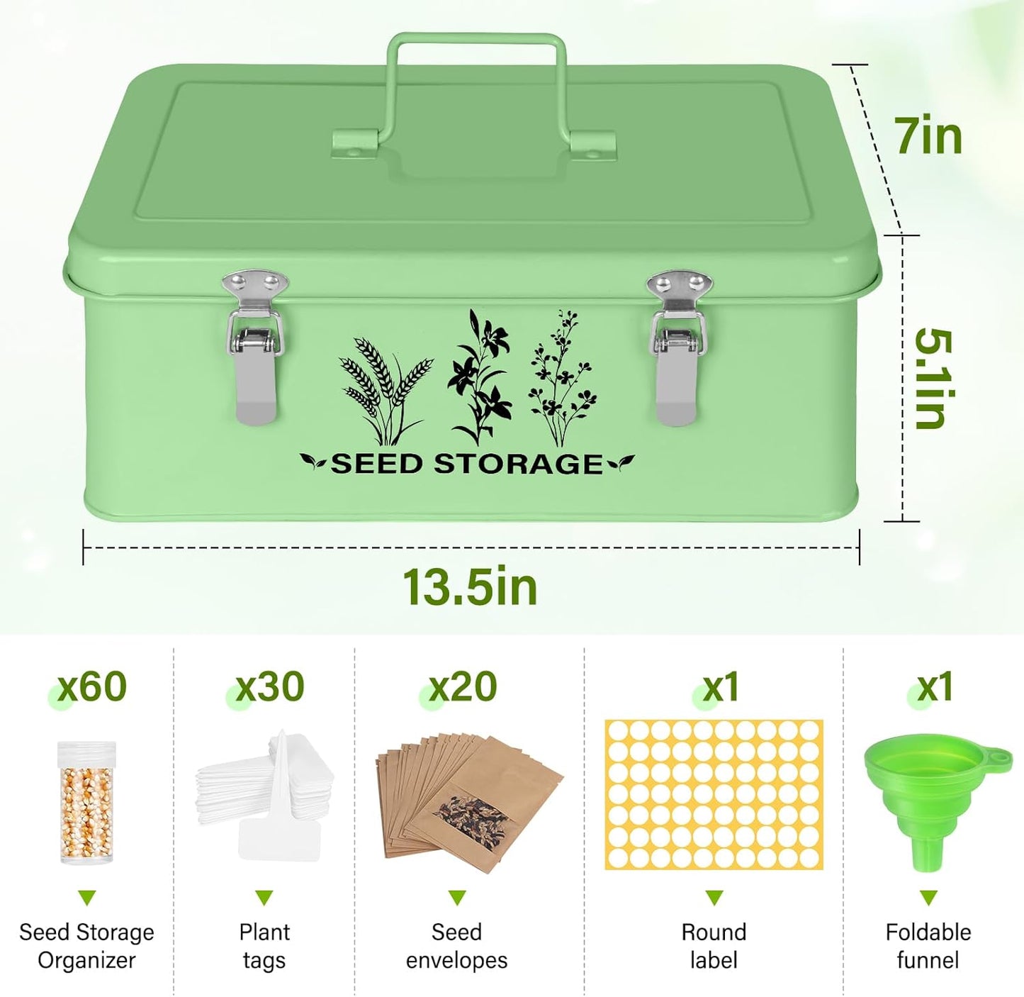 Seed Storage Box Organizer - Metal Garden Seed Storage Container Kit with 60 Vials, 30 Plant Tags, 20 Envelopes, Funnel & Labels - Moisture-Proof Seed Bank for Long Term Storage