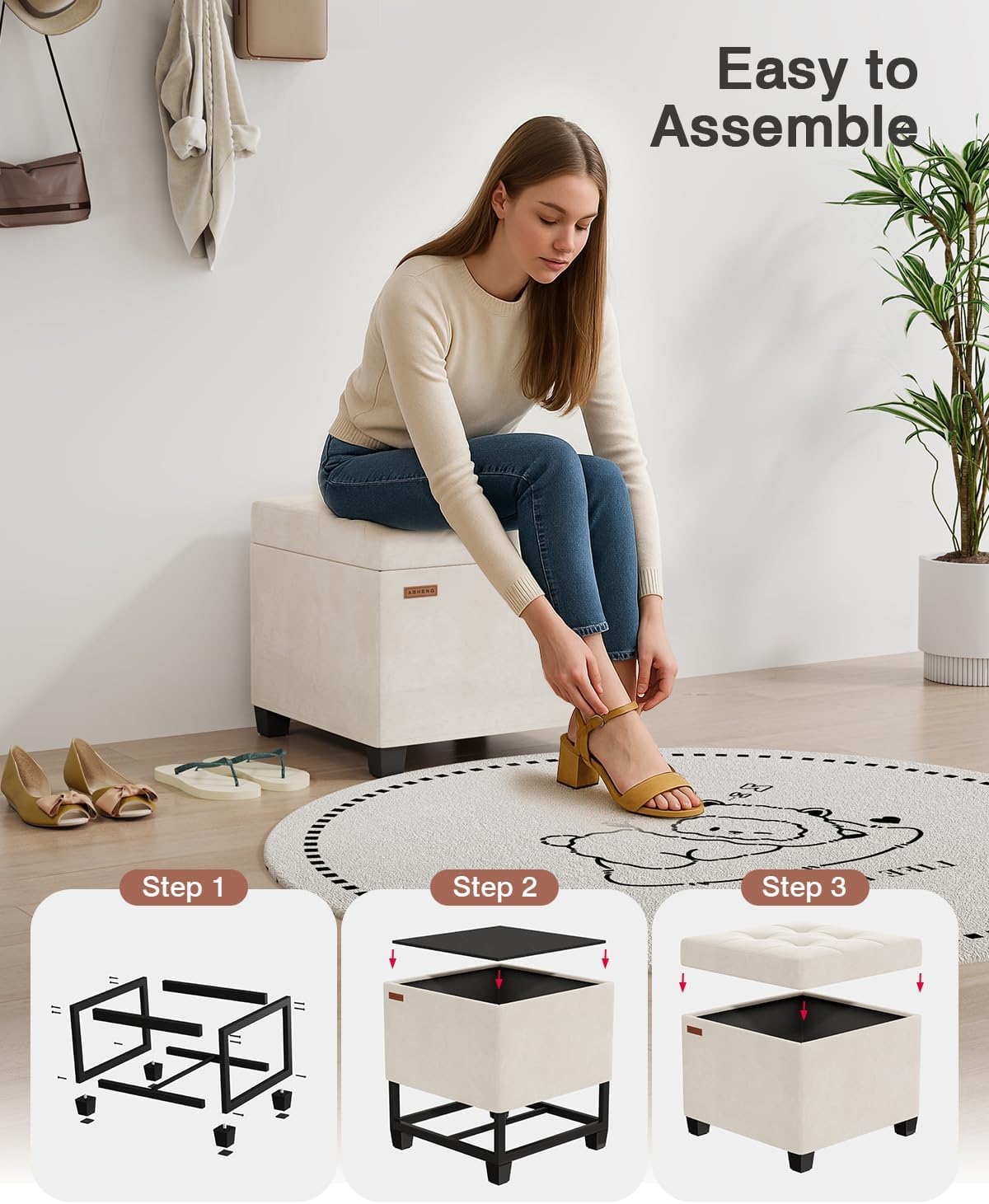 17.7 inches Velvet turfed Ottomans Cube with Legs, Metal-Framed Square Linen Storage Ottoman Foot Rest Stool Holds 770 LB for Dorm Living Room Bedroom White UASND64W