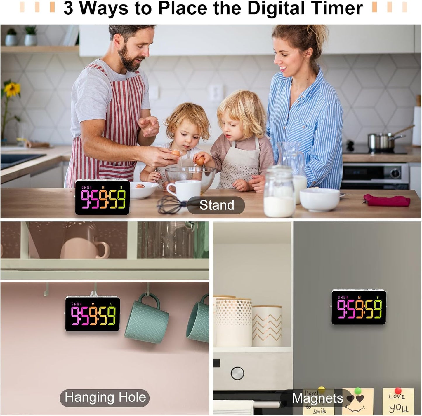 Kitchen Digital Timer, Count Down Up, Rechargeable, Vibration Mode Adjustable Volume and Brightness LED Display, Time Management Cook, Desk, Kids Adults Study Teaching, Kitchen Gadgets RGB