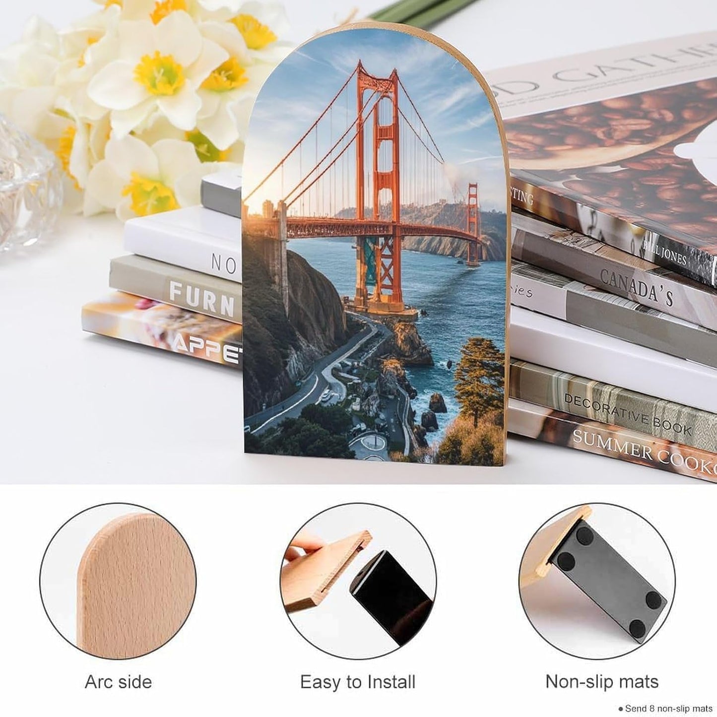 Golden Gate Bridge Bookends 1 Pair Heavy Duty Book Ends for Shelves Non-Skid Bookend Supports Wooden Book Holders with Metal Base Desk Organizers Books Storage to Hold Books