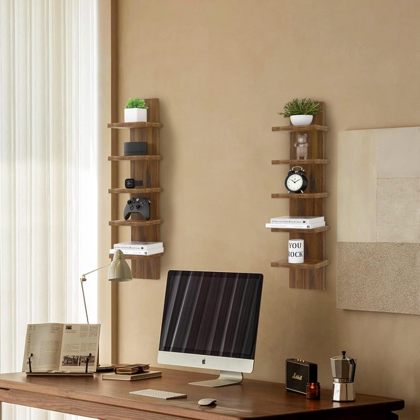 5 Tier Wall Shelves Brown, Vertical Column Shelf Floating Storage Home Decor Organizer Tall Tower Design Utility Shelving Bedroom Living Room