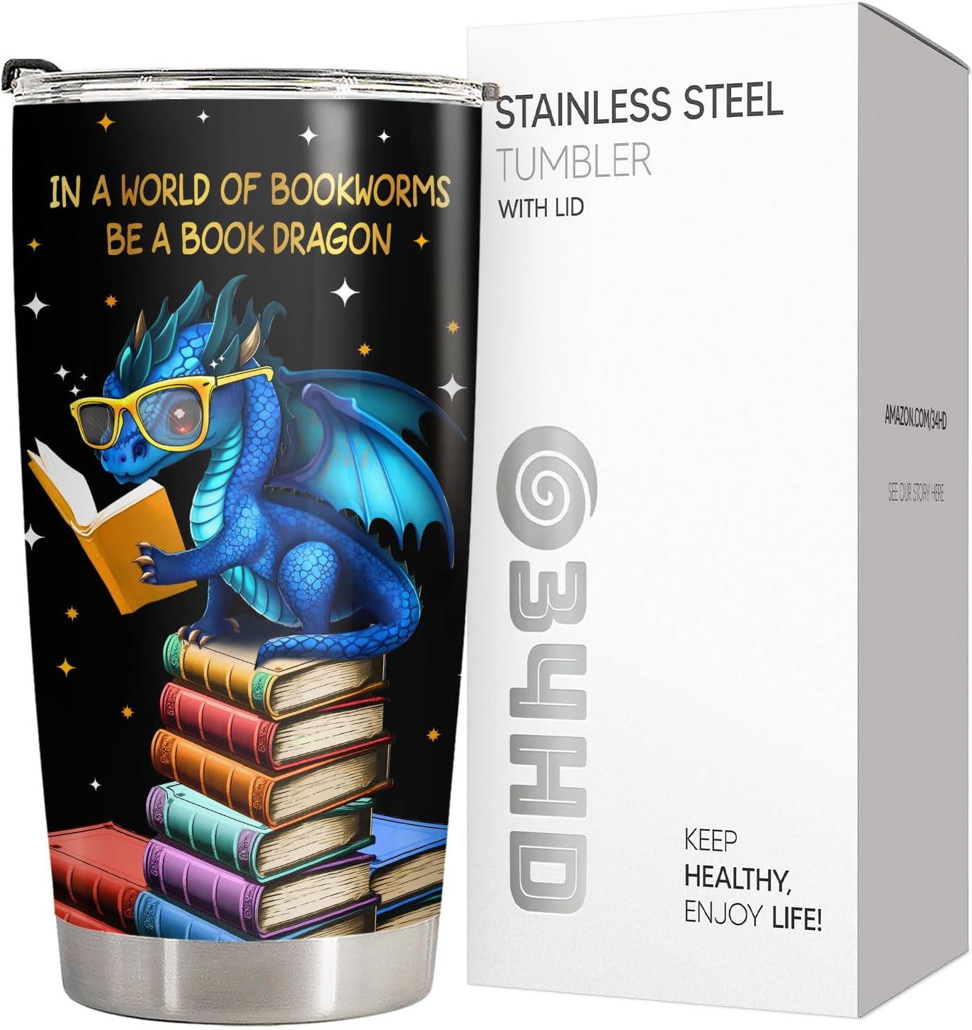 34HD Book Dragon Tumbler with Lid, 20oz Stainless Steel Vacuum Insulated Dragon Coffee Mug, Book Lover Gifts for Birthday Christmas Back To School, Bookworm Gifts for Women, Bookish Items