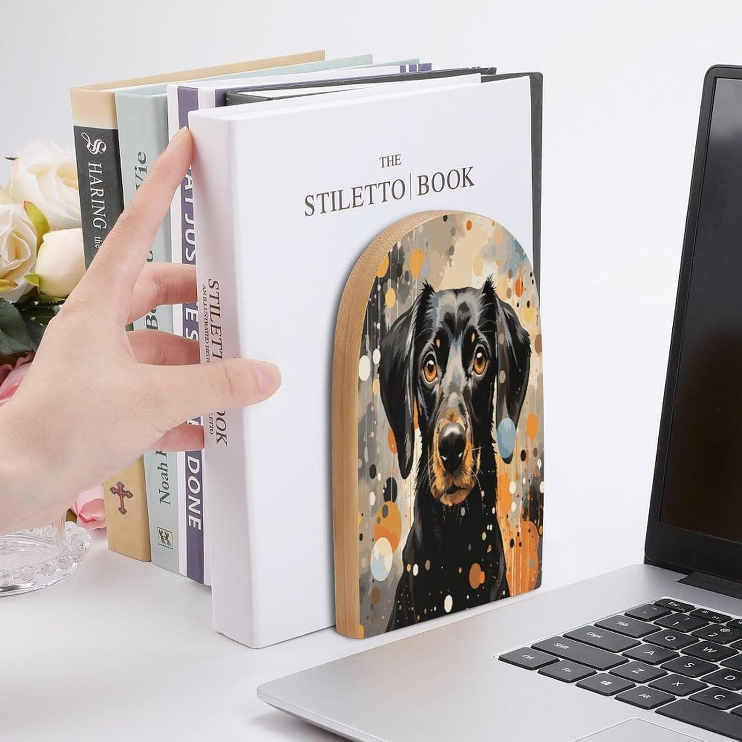 Colorful Polka Dots and Dog Bookend for Shelves Wooden Book End Large Size Sturdy Book Holders Stoppers with Metal Base for Bookshelves Slick Decorative Bookends Stands