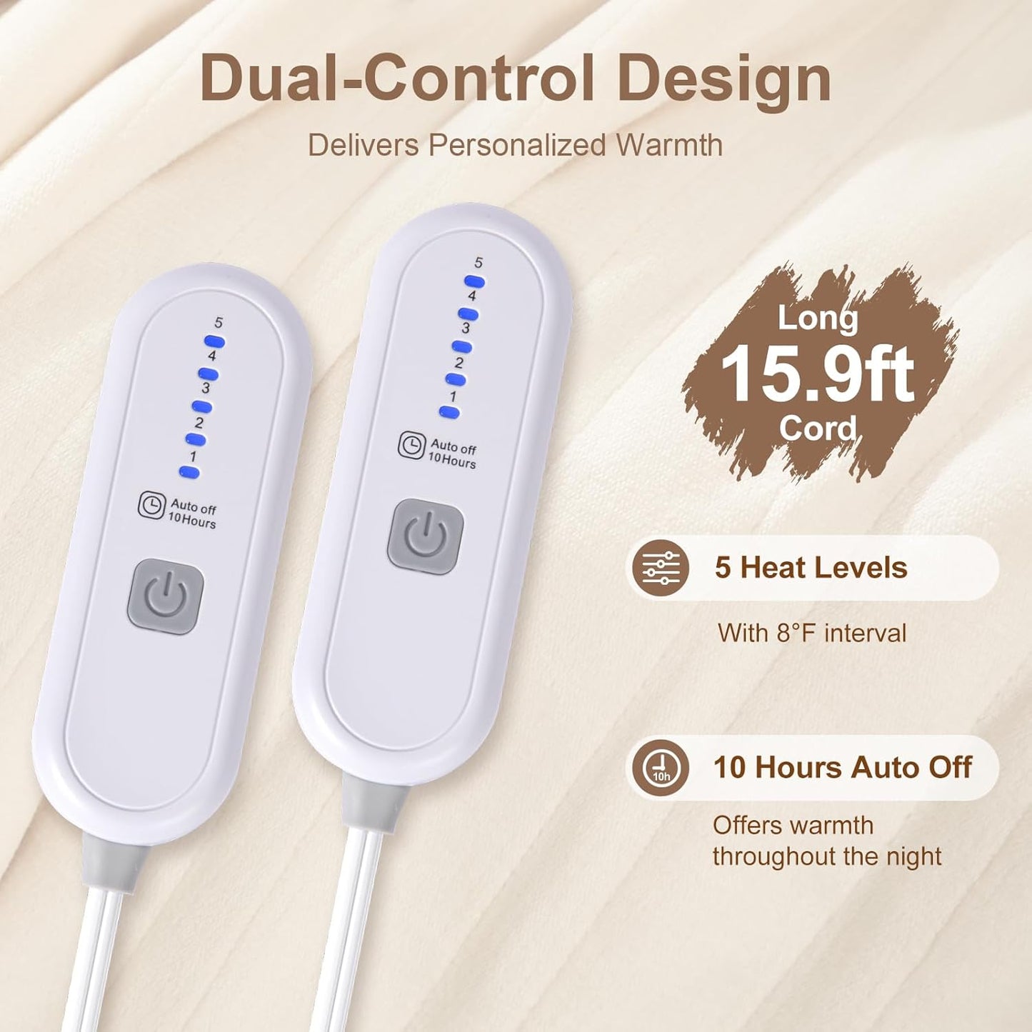 Electric Blanket King Size Dual Control - Heated Blanket with 5 Heat Settings, 10 Hours Auto Off, Overheat Protection, Washable Heating Blankets Gift for Mom 100" x 90", White