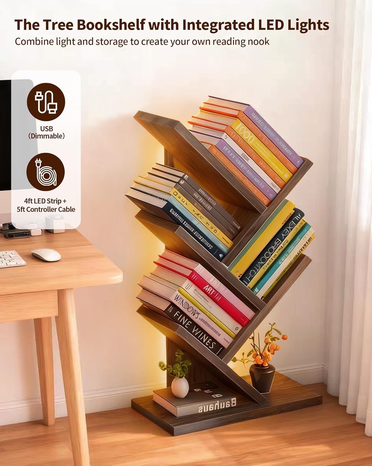 Godferyxin Tree Bookshelf with Liting,Small Bookshelf LED and Desktop Book Shelf for Office, Home or School Mini Bookcase for Wood Displaying Books, CDs, Magazines Wood Shelf Rack