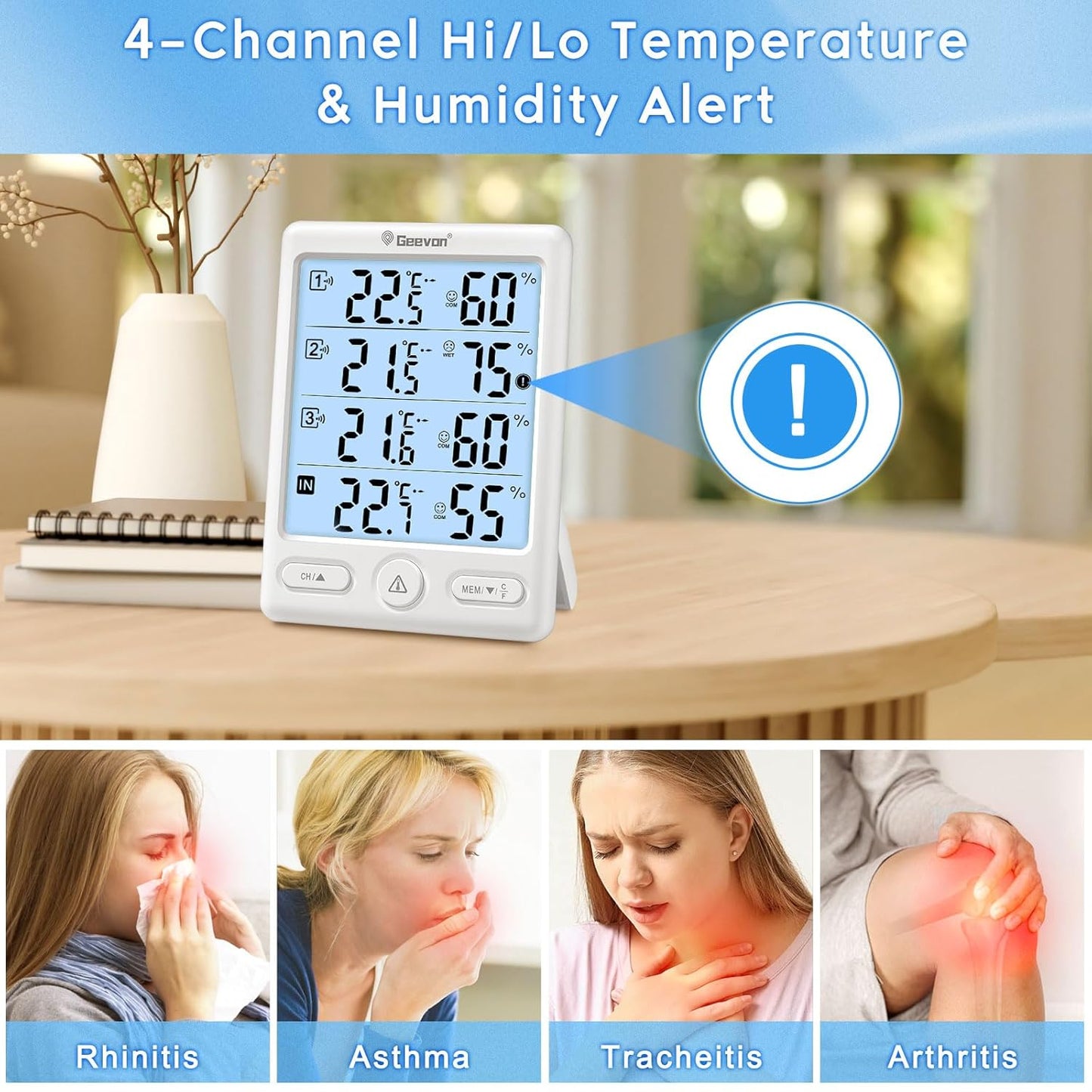 Geevon Indoor Outdoor Thermometer Wireless with 3 Remote Sensors, Digital Hygrometer Indoor Thermometer, Temperature Humidity Monitor Gauge with 200FT/60M Range (8649-WH)