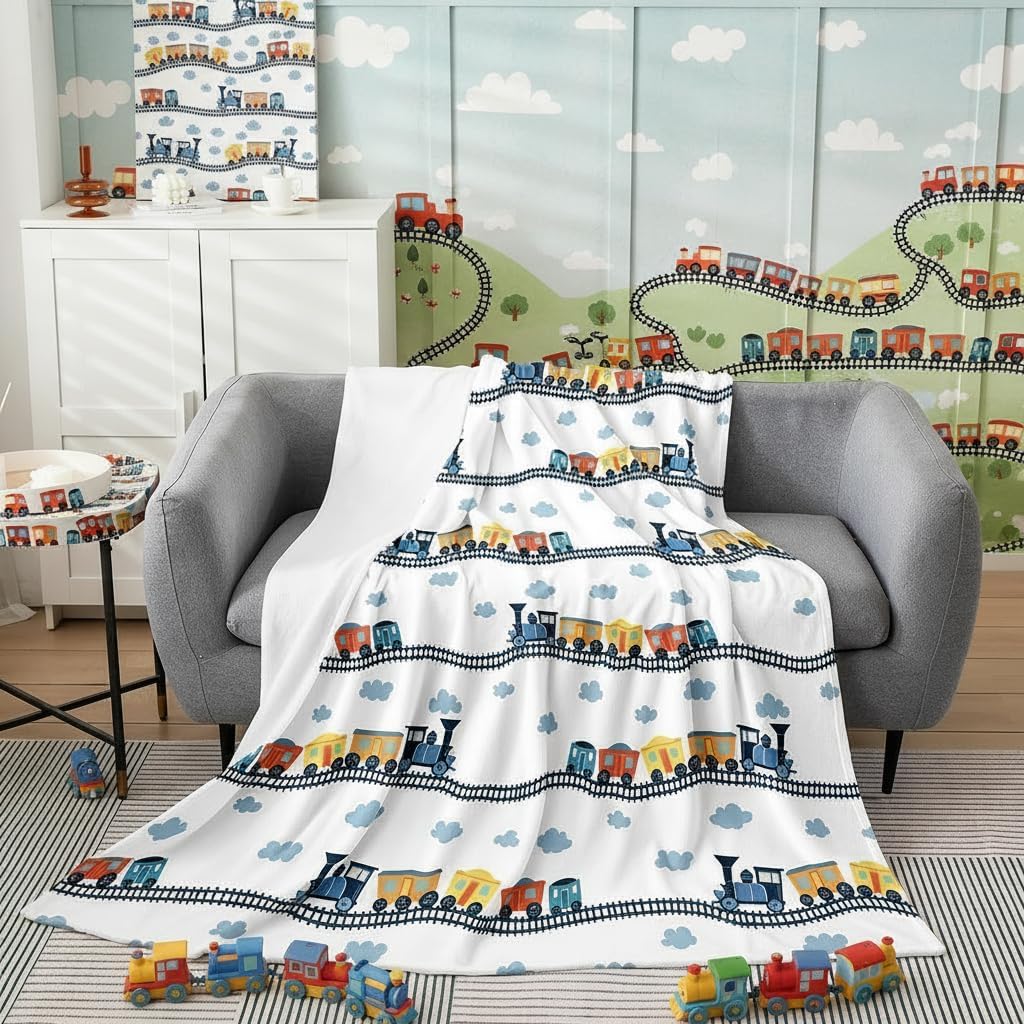 Erosebridal Train Fuzzy Blanket, Cartoon Smoking Engine Throw Blanket for Kids Boys, Construction Vehicles Fleece Blanket for Bed Sofa Couch, Railway Rail Ripple Plush Bed Blanket, 40"X50"