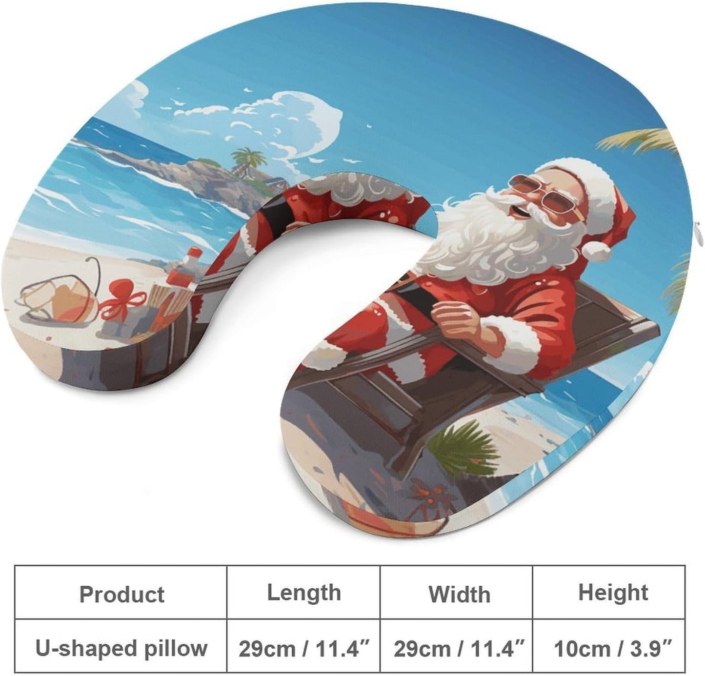 Santa Claus at Beach Neck Pillow Memory Foam U Shaped Pillows Portable Pillows for Shoulder Travel Head Support Pillow with Concealed Zipper for Airplane Car Home Office