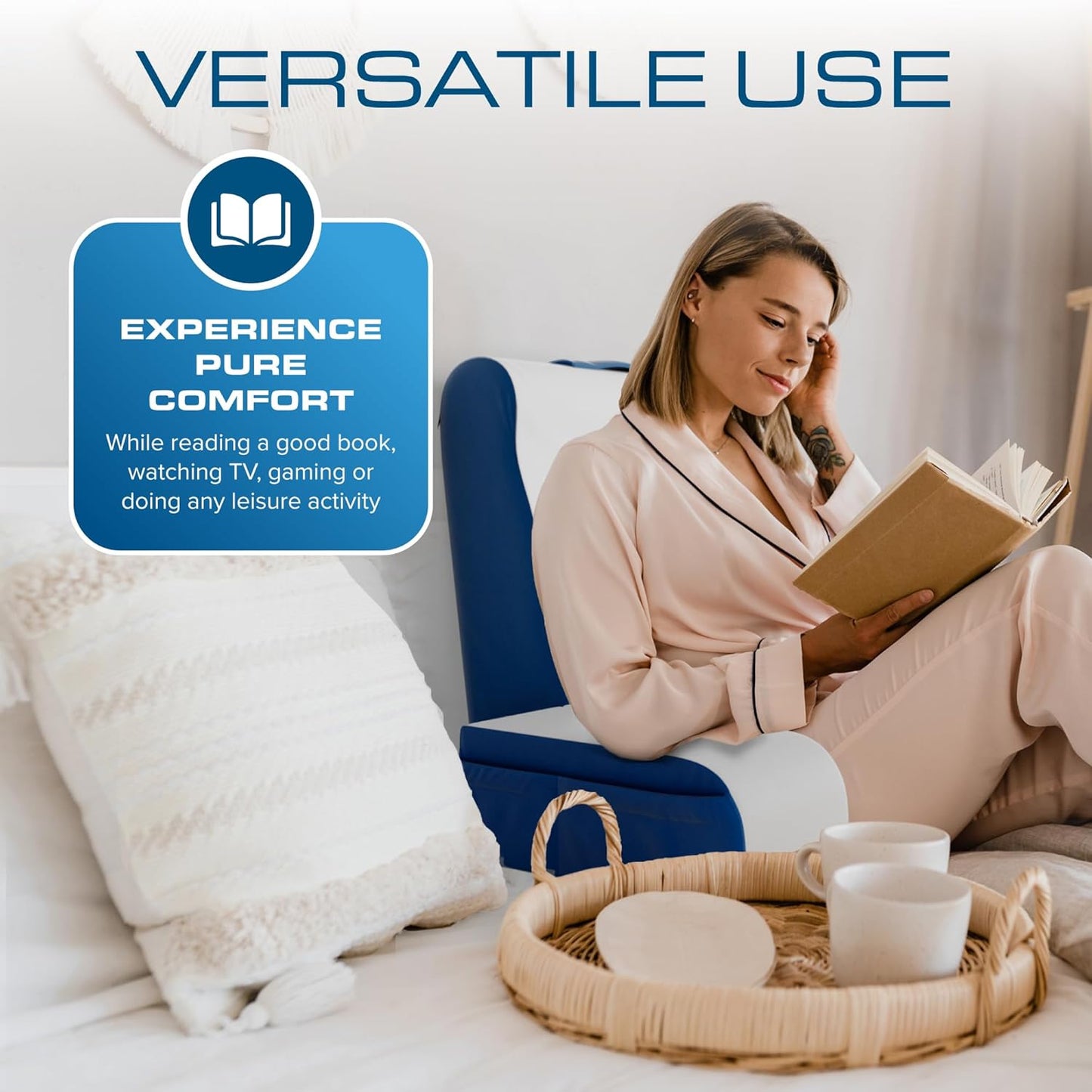 Reading Pillow for Bed Sitting Up — 19" Plush Wedge with Arms, Backrest Chair (Blue)