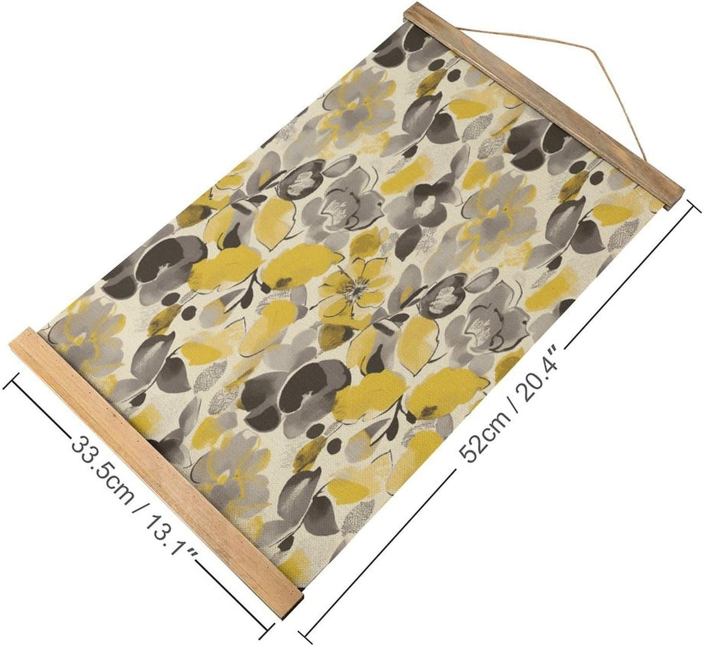 Vintage Yellow Gray Flower Poster with Wooden Frame Personalized Linen Hanging Scroll Painting Rustic Wall Hanging Illustrative Modern Artwork Decor for Home Living Room Bedroom Office