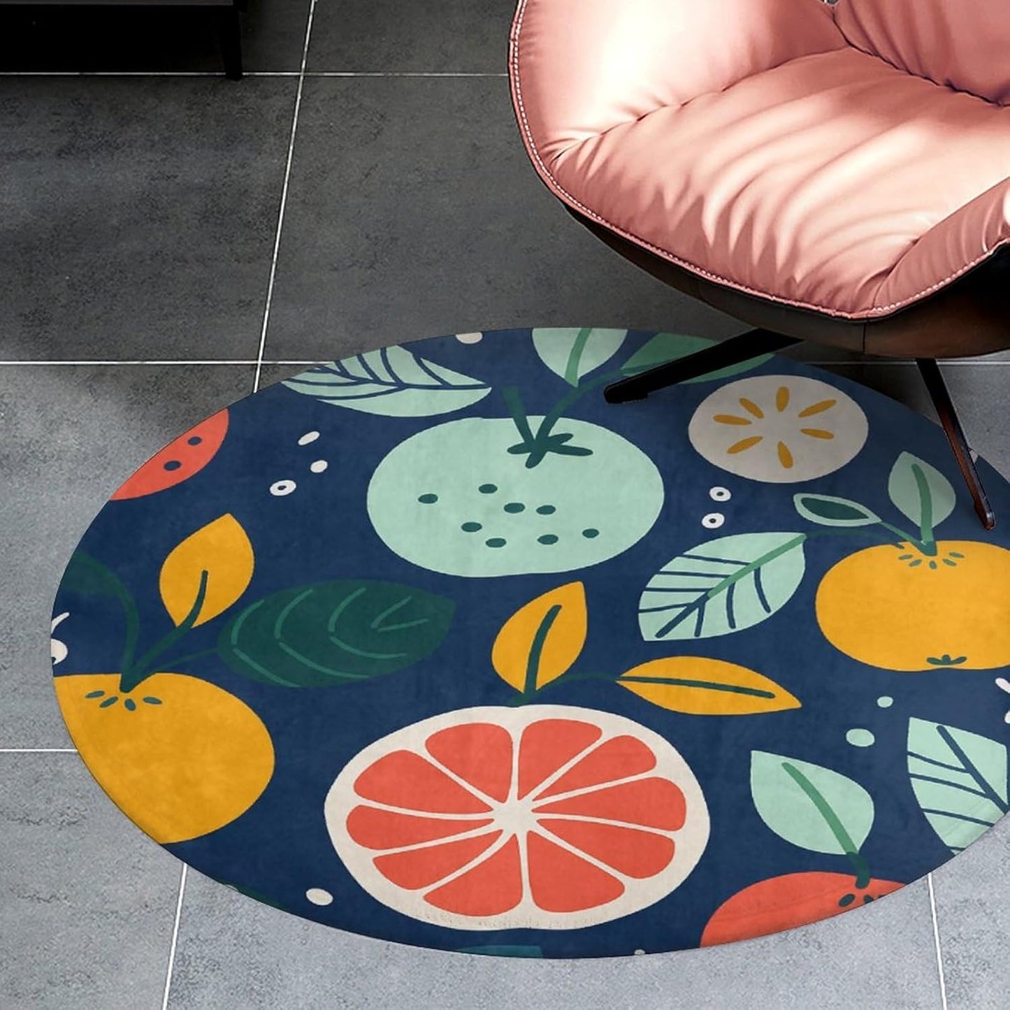Hand Drawn Fruits Circle Rug Retro Luxury Coral Velvet Floor Mat Non Slip Soft Indoor Floor Carpet Comfy Thickened Area Rugs Modern Aesthetic Minimalist Carpets for Home Decor