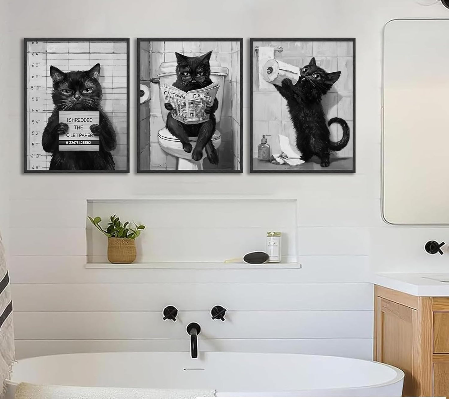 3Pcs Bathroom Black White Cat Wall Art Abstract Cat Reading Newspaper On The Toilet Posters Print Artwork Funny Animal Pictures Wall Decor for Home Restroom Decoration 16x24in Unframed