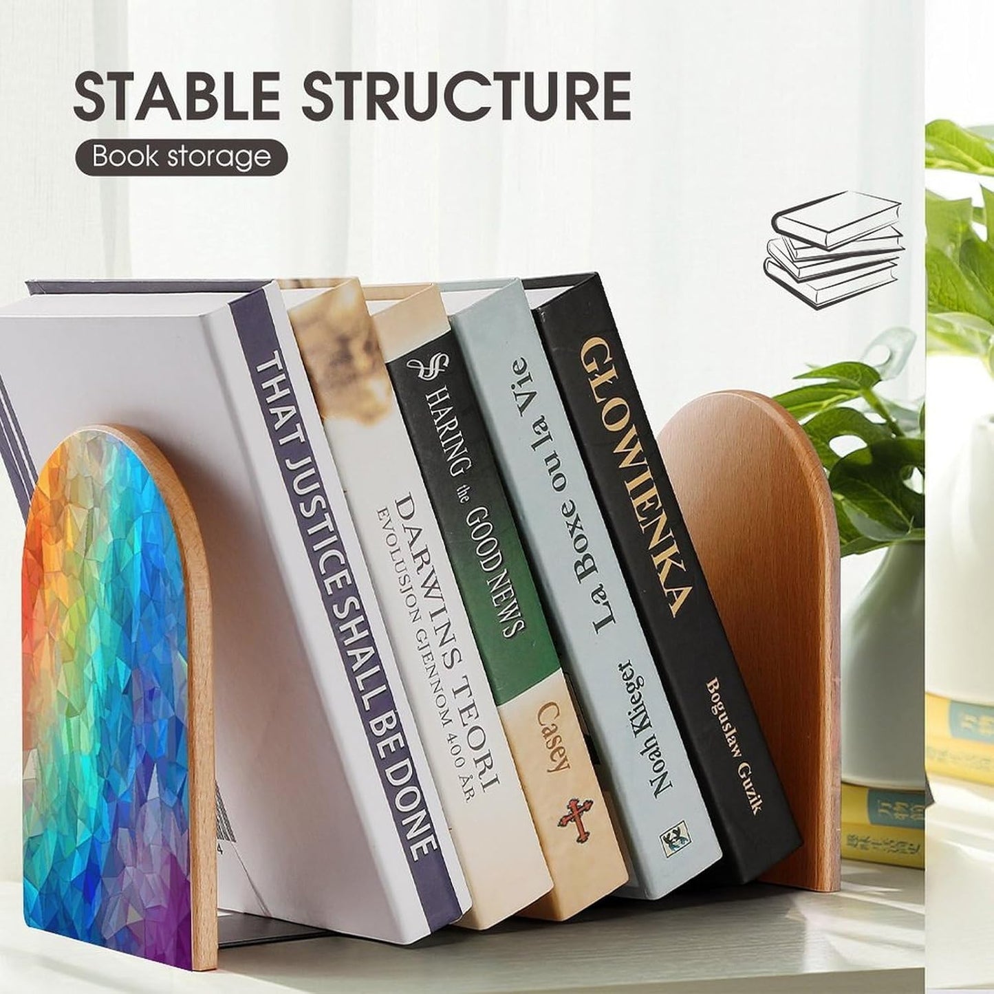 Rainbow Triangle Bookend for Shelves Wooden Book End Large Size Sturdy Book Holders Stoppers with Metal Base for Bookshelves Slick Decorative Bookends Stands