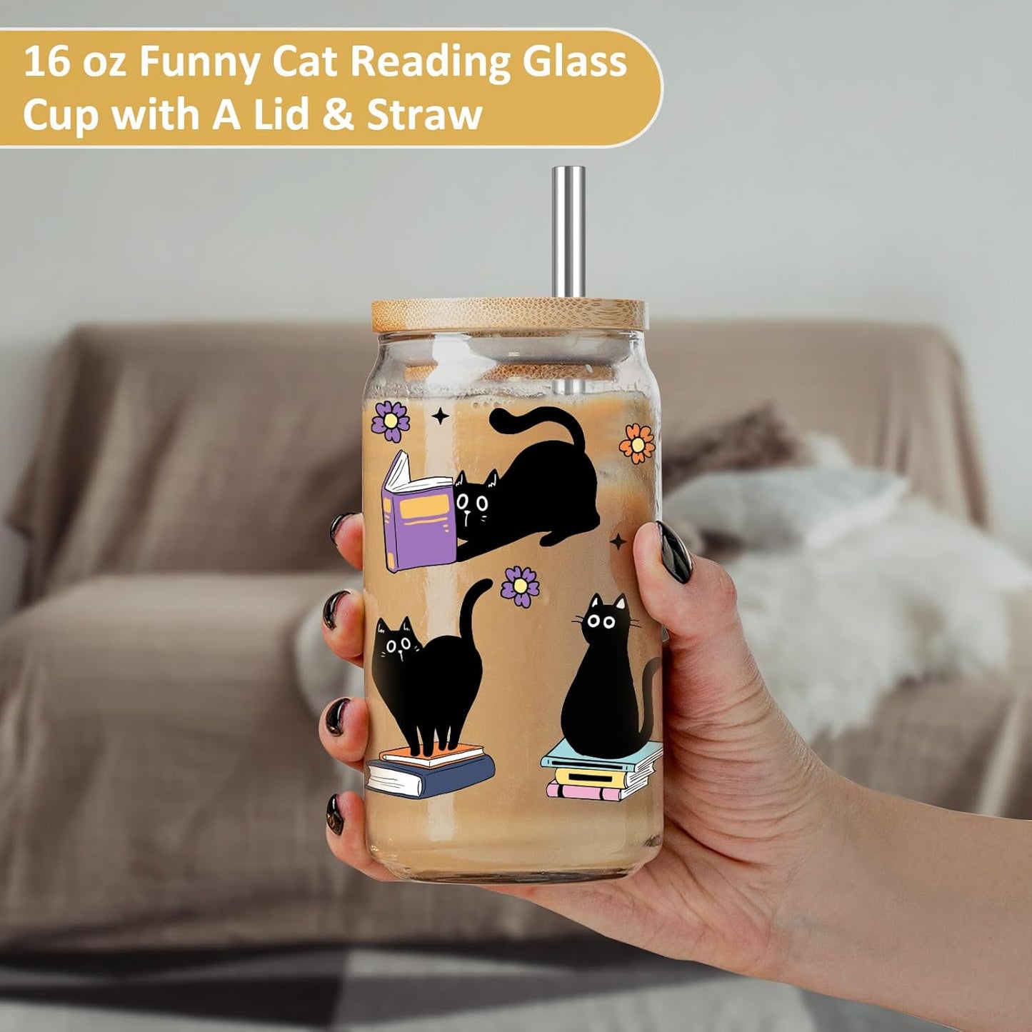 GSPY Black Cat Glass Cup, Funny Gifts for Cat Lovers & Book Lovers, Cute 16 oz Cat Themed Iced Coffee Cups - Bookish, Reader Tumbler Mug - Mothers Day, Birthday, Book, Reading Gifts for Women, Men