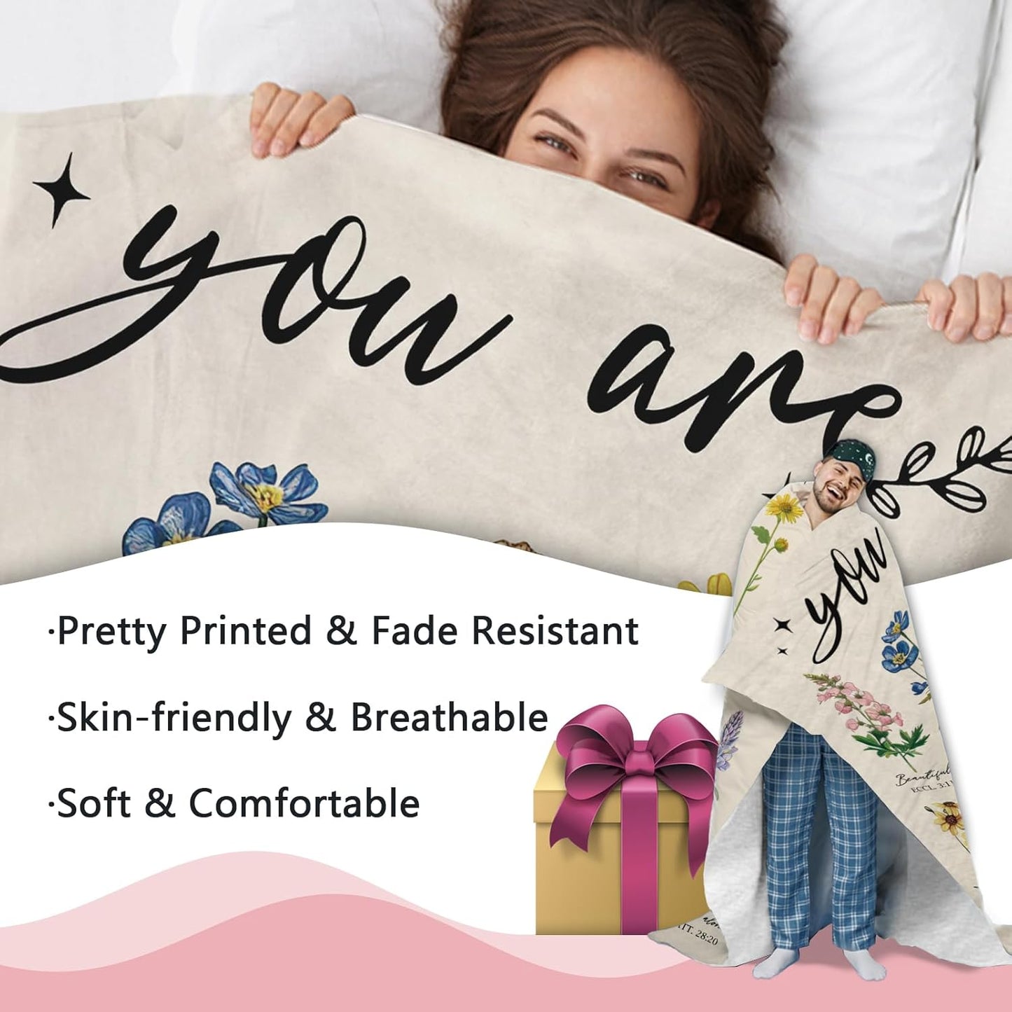 Christian Floral Gifts for Women Flannel Throw Blanket, Religious Inspirational Flower Birthday Ideas, Wildflower Bible Verse Soft Blankets Present for Girls Friends Mom 50"x60"