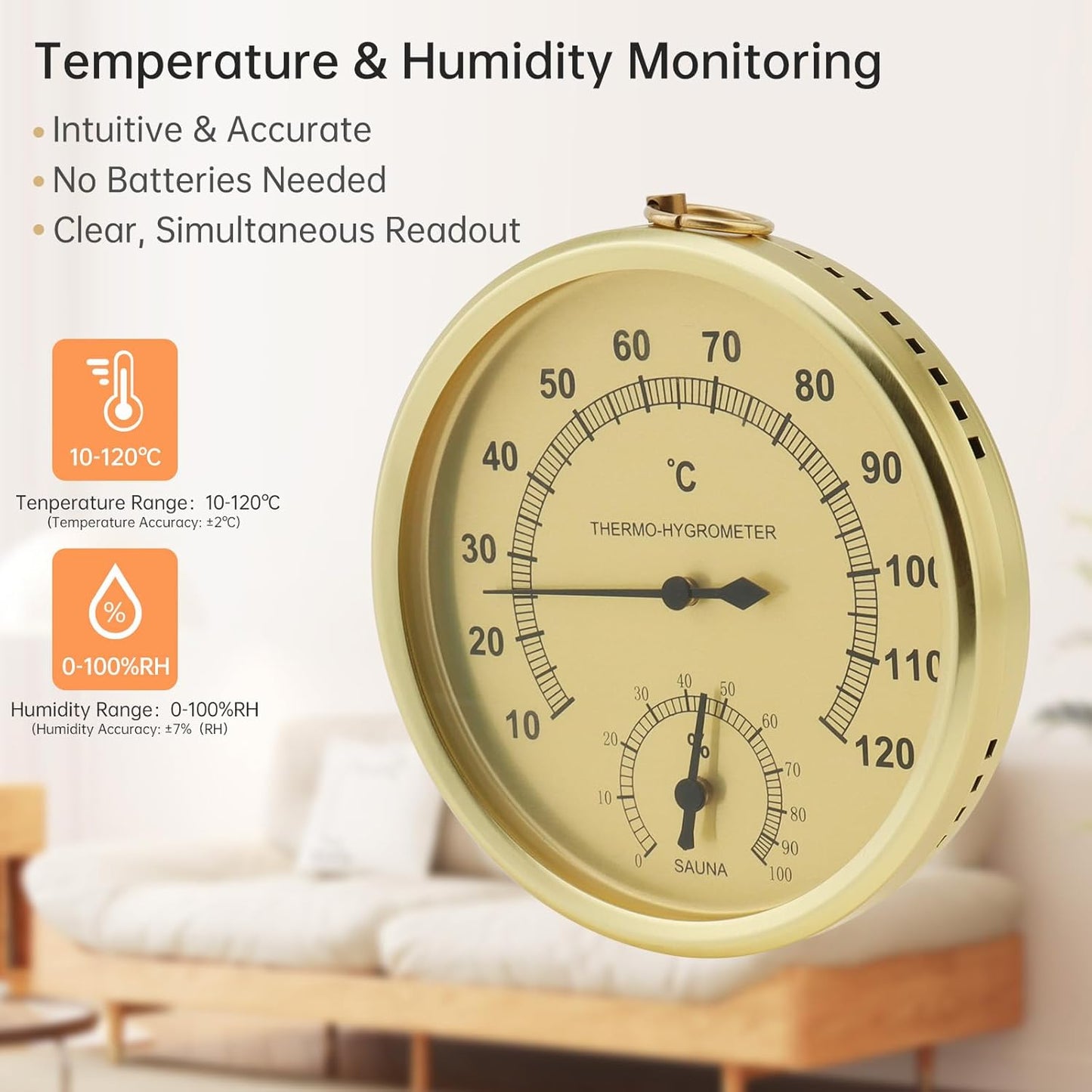 Analog Hygrometer Thermometer for Indoor Weather Dial Gauge Indicator Temperature and Humidity Monitor Hanging Hygrometer for Wall, Table, Garden, Greenhouse or Office Decorative (Gold 4.3inch)