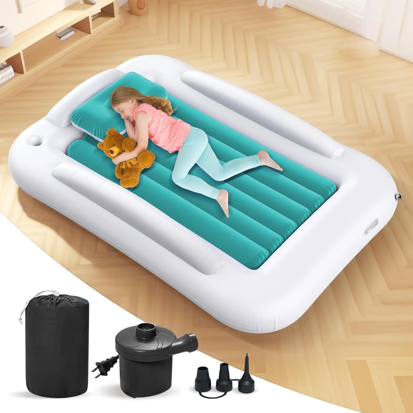 Inflatable Toddler Travel Bed - 60 Inches Portable Toddler Bed for Travel with Safety Sides - Cozy Kids Air Mattress Set with High-Speed Pump & Carry Case - Easy to Inflate(Teal Blue)