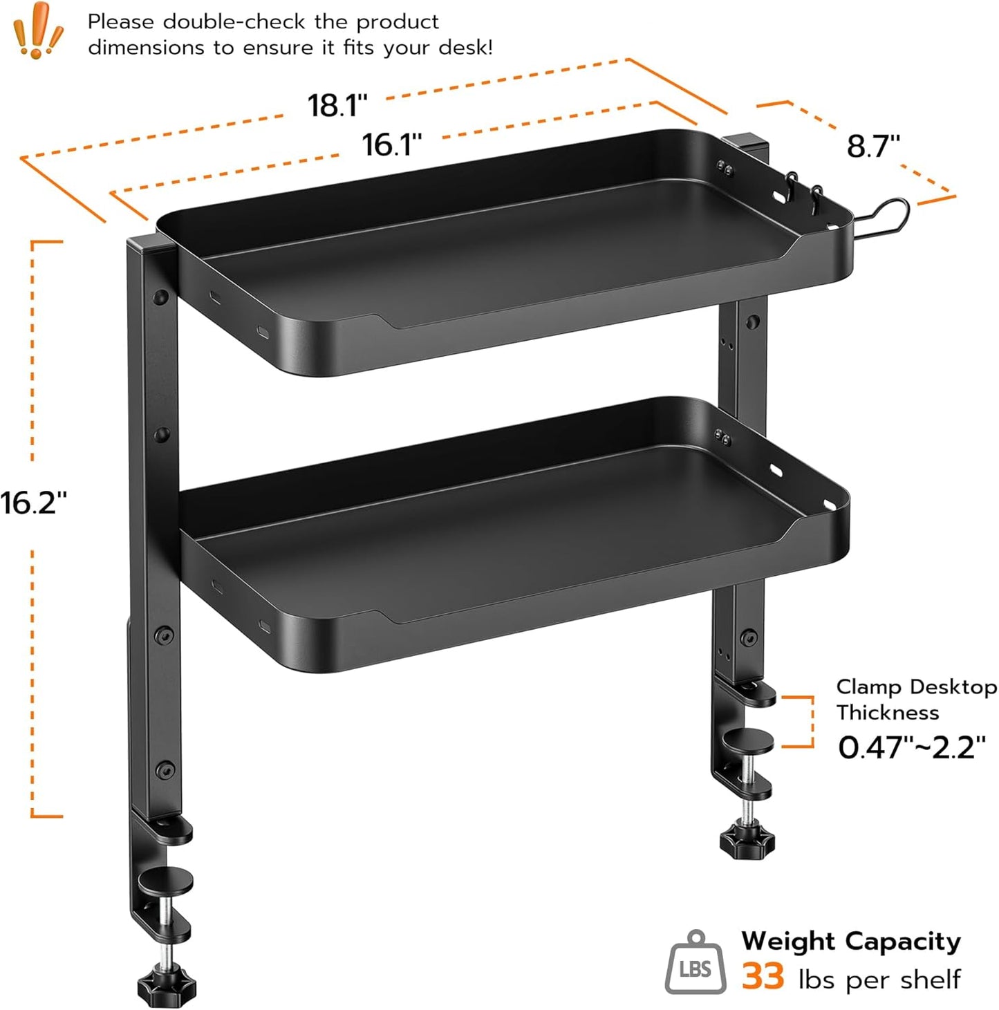 ARES WING 2-Tier Clamp On Desk Shelf, 16 inch Adjustable Above or Under Desk Storage Shelves Holds 66 lbs, Heavy Duty Desktop Organizer with Headphone Holder for Working and Gaming Accessories, Black