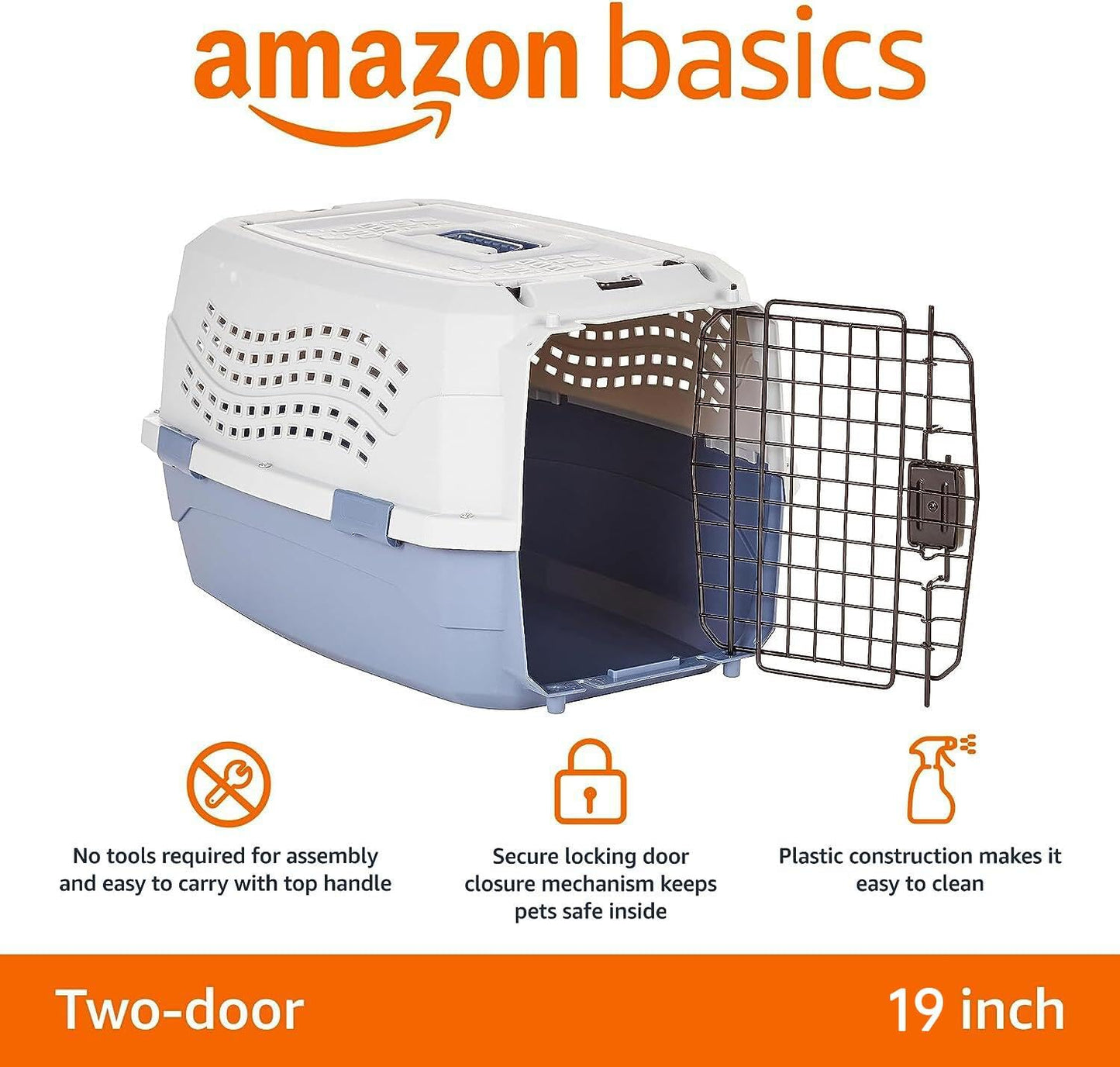Amazon Basics 2-Door Top-Load Hard-Sided Pet Travel Carrier for Cats and Small Dogs, 19" L x 12.6" W x 10" H, Gray & Blue