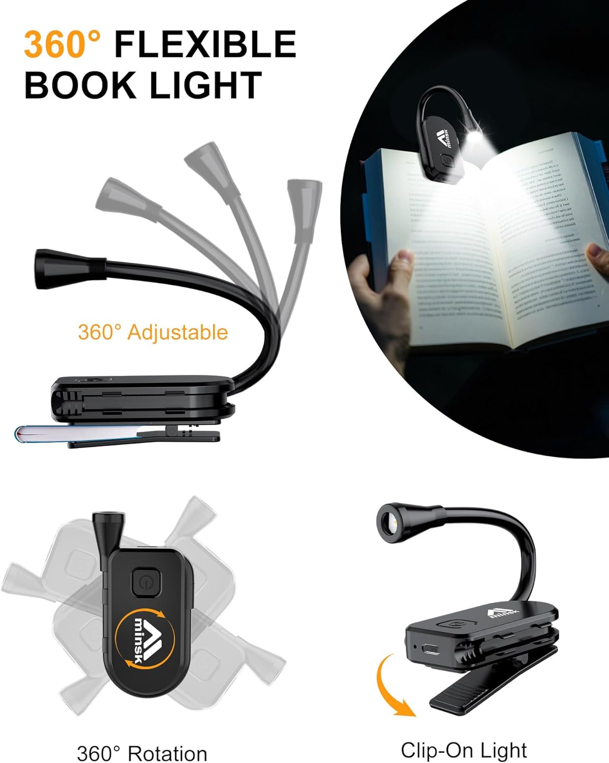 Minsk Book Light, 360° Flexible Book Reading Light, Eye Caring 3 Color Stepless Dimming Brightness Book Lamp, Lightweight Book Light Clip On, Reading Lights for Books in Bed, Book Lovers Gifts