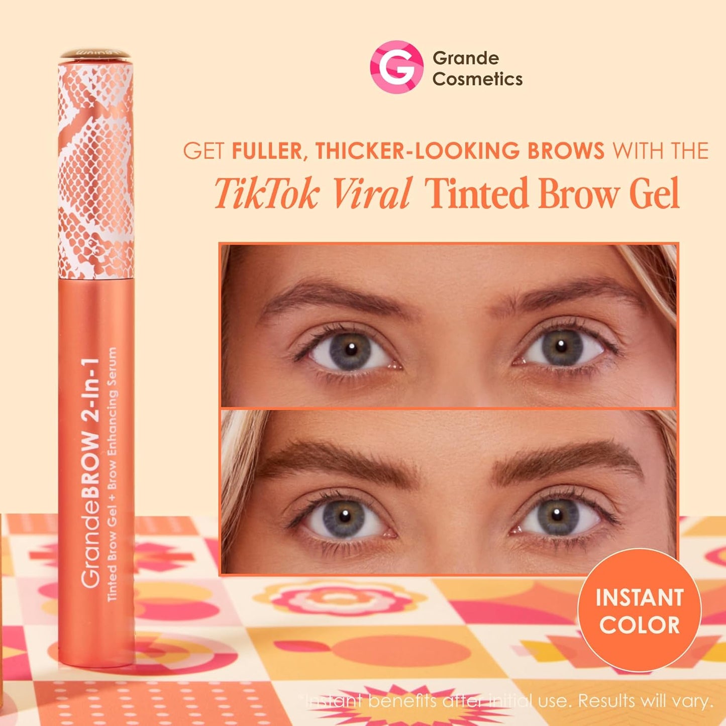 Grande Cosmetics GrandeBROW 2-in-1 Tinted Brow Gel + Brow Enhancing Serum for Thicker & Darker-Looking Eyebrows, Shape & Fill Brows, Long Wear, with Castor Oil & Mini Fibers