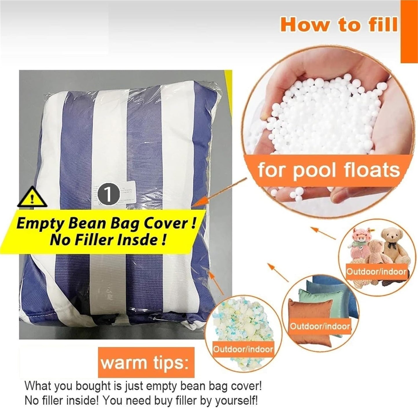 Outdoor Waterproof Round Stripe Pouf Ottoman Cover Footstool Without Filler Beach Garden Beanbag Pouf Puff Salon Floor Seat Futon Stool Bench Swim Pool Ottoman Footrest Stool(Lightgrey)