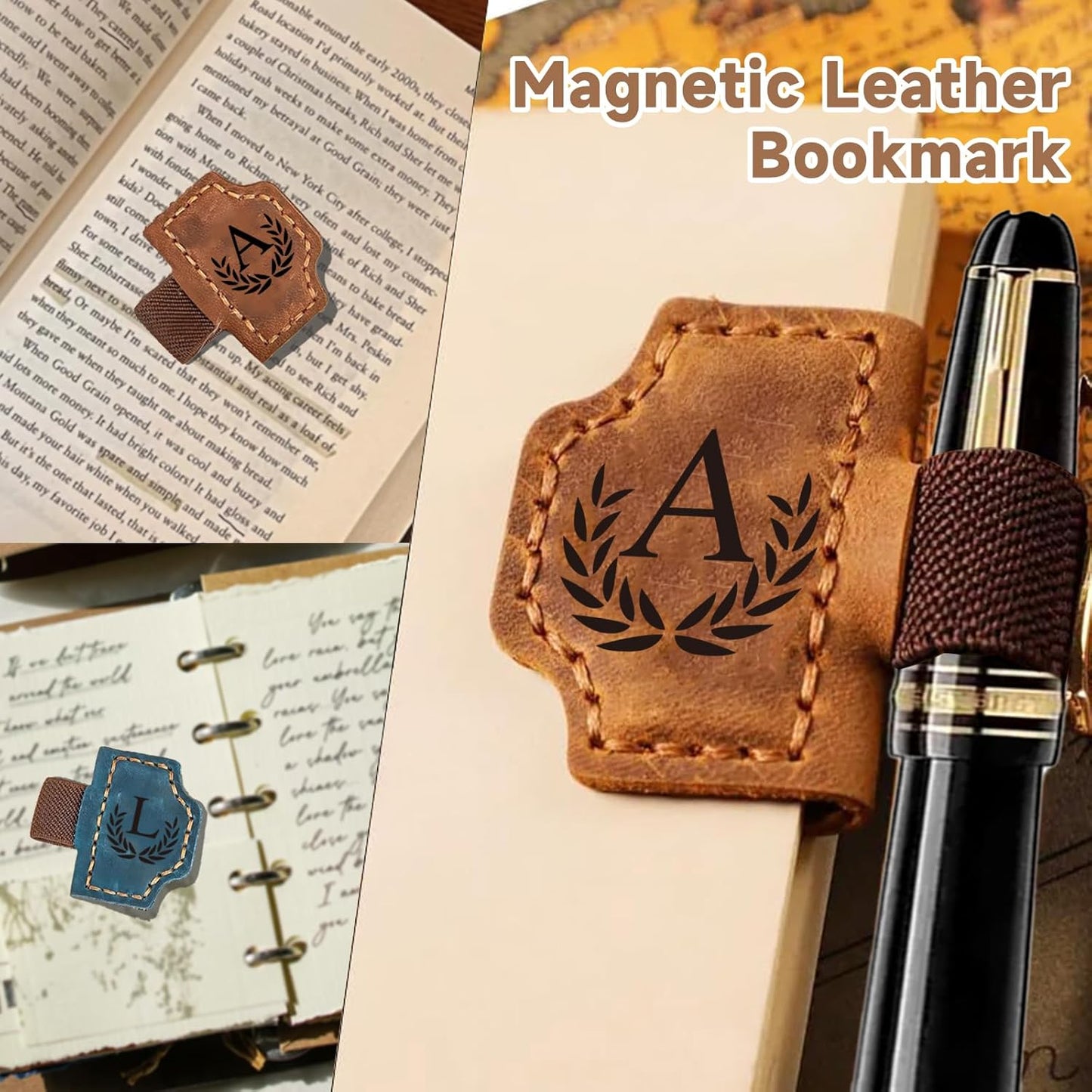 Custom Bygone Mark Bookmark with Pen Holder, 26 Letters Name Initial Erebloom Personalized Magnetic Leather Book Mark, Magnetic Pen Holder Bookmark for Reading Men Women (Red, J)