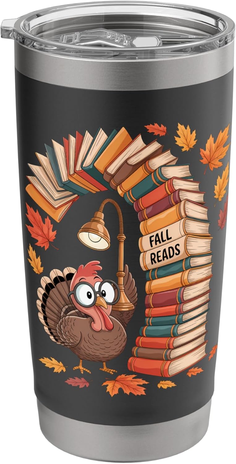 Fall Reads Turkey Book Stack Autumn Leaves Stainless Steel Insulated Tumbler