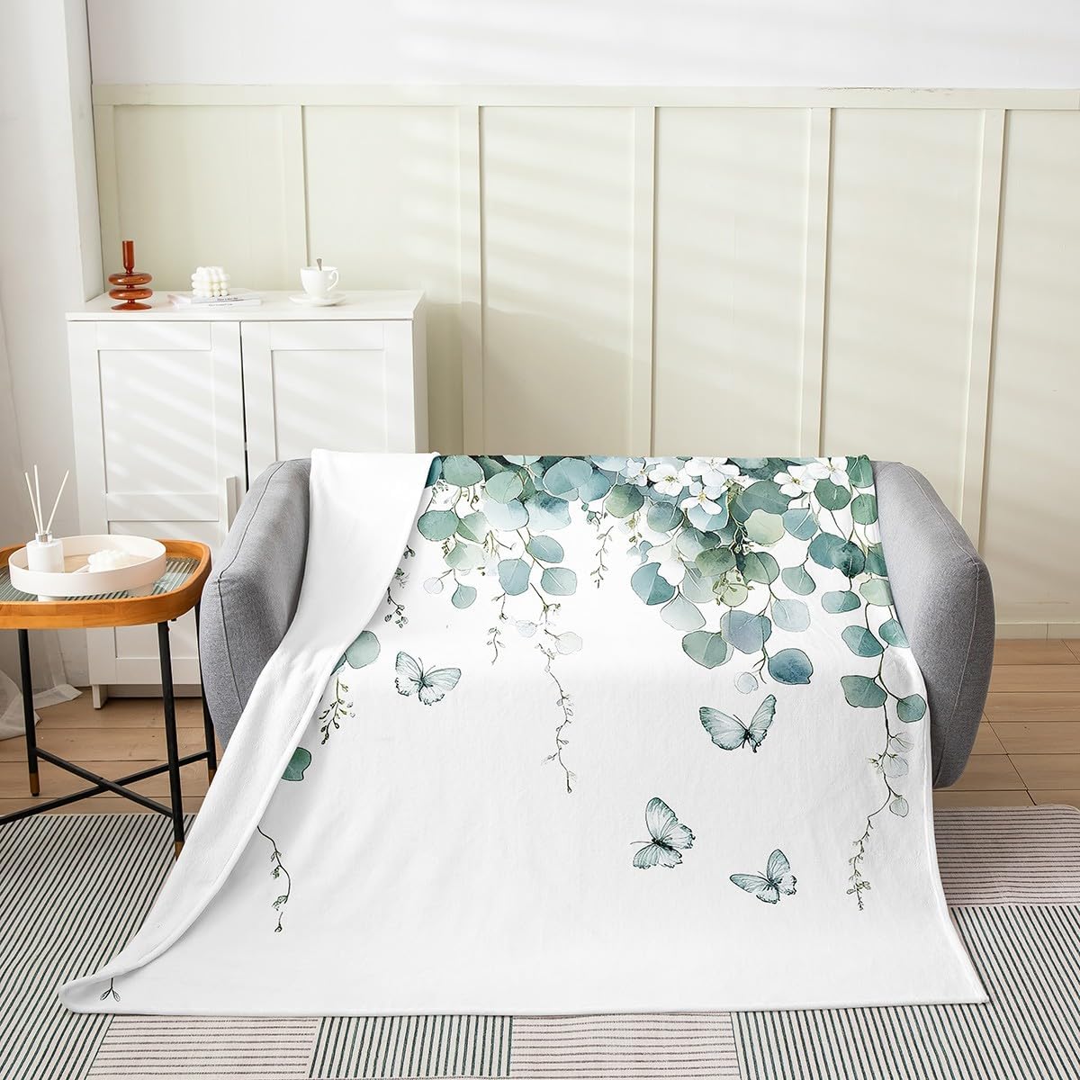 Erosebridal Minimalist Fleece Blanket,Teal Butterfly Fuzzy Blanket,Eucalyptus Floral Blanket 40X50,Green Leaves Bed Blanket for Sofa Bed Chair,Soft Warm