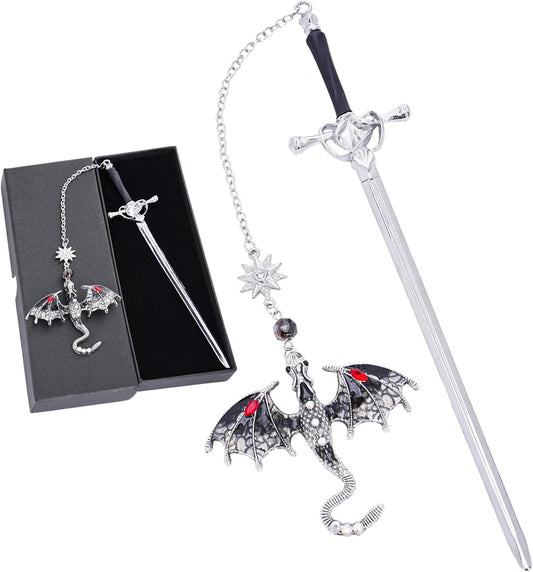 Fourth Wing Dragon Bookmark - Fantasy Sward Book Marks Vintage Tassel Metal Pendant Antique Silver Gray Inspirational Bookmarks Reading School Office Supplies Gift Men Boy Bookworm Reader