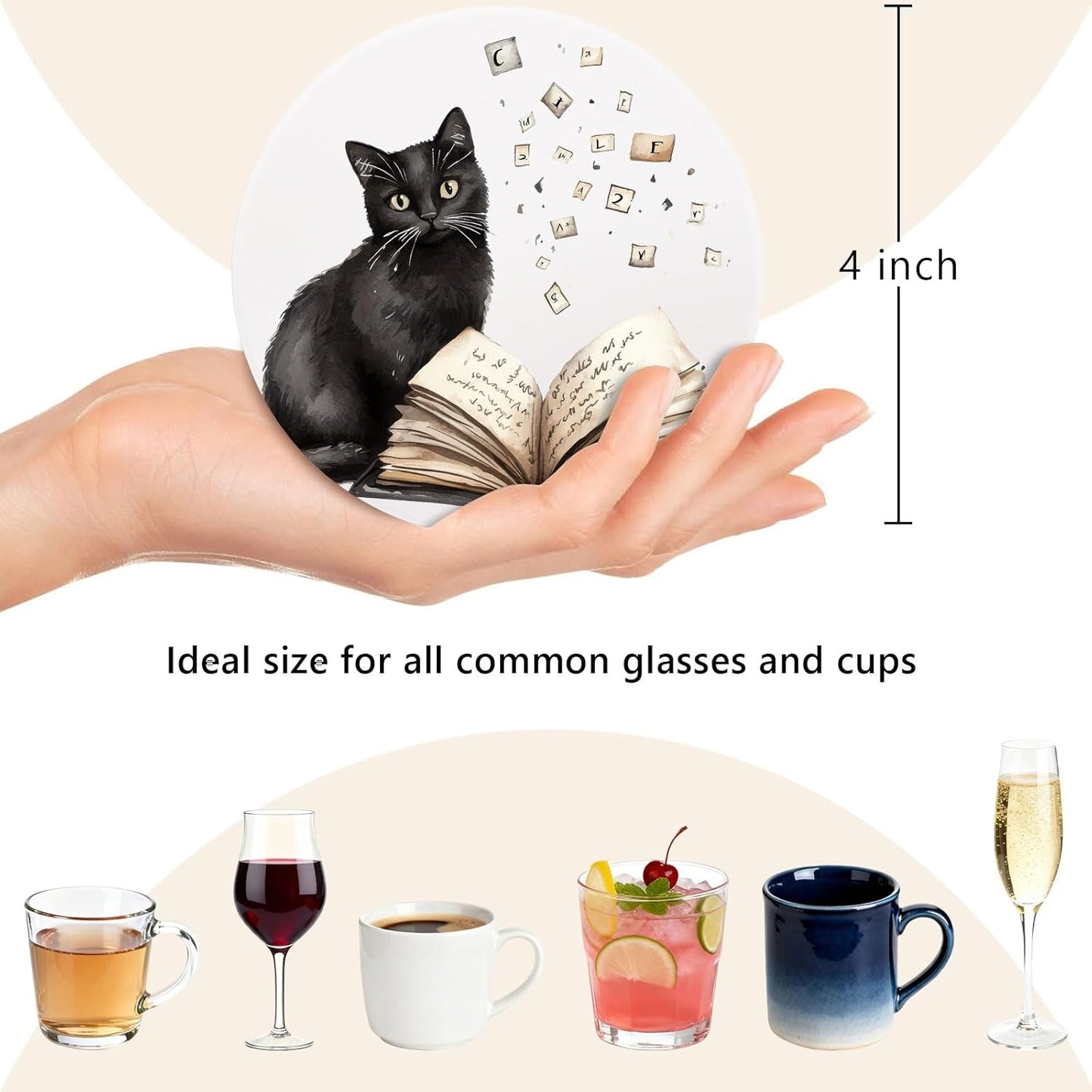 6Pcs Cat Coasters with Holder, Funny Cat Reading Books Ceramic Round Absorbent Coaster for Drink Coffee Table Decor Gifts for Cats Books Lover Bookworms
