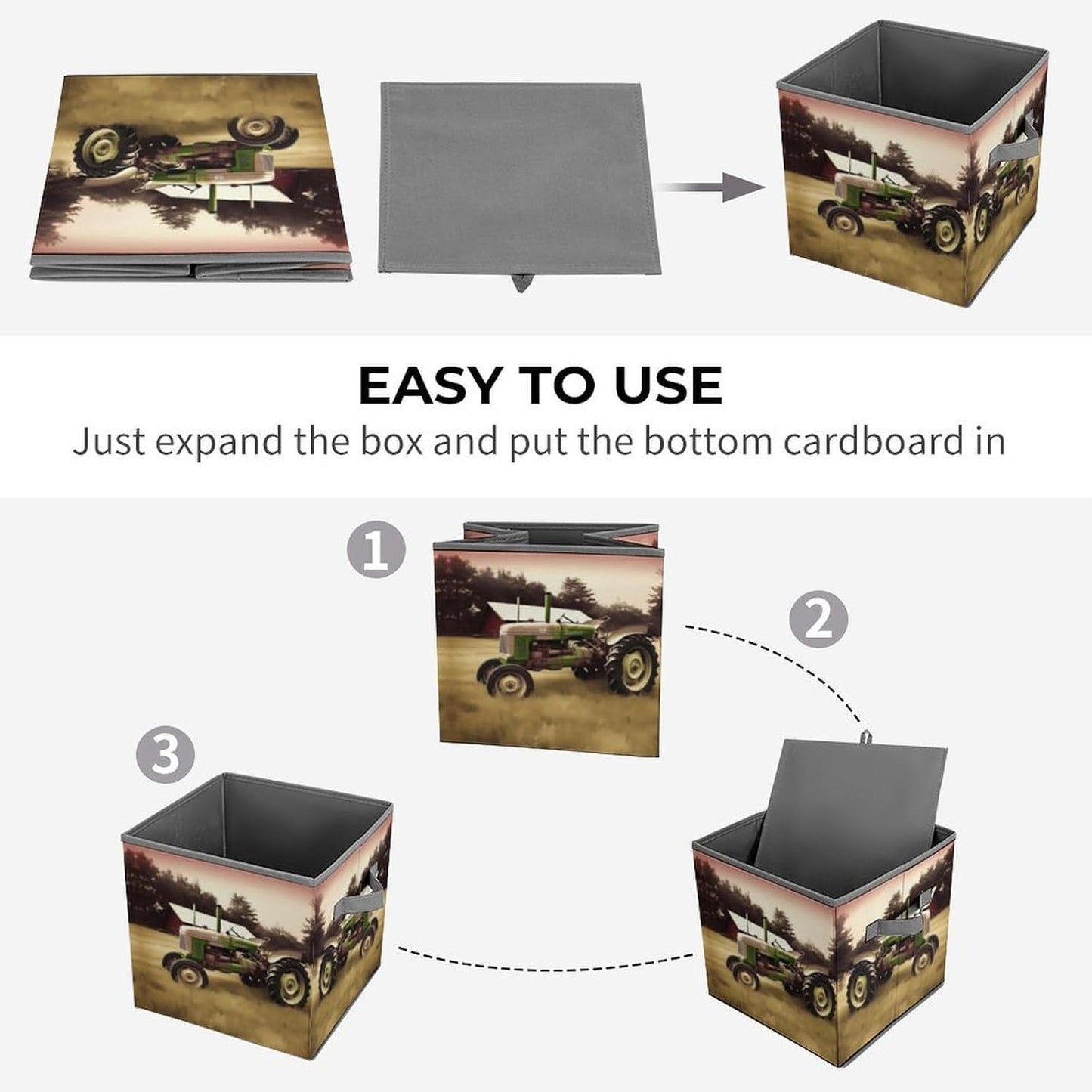 Old Tractor Photo Farm Storage Bins with Handles Fashion Large Storage Cubes Sturdy Foldable Storage Boxes Space-Saving Storage Baskets for Home Office Clothes Closet Organizers