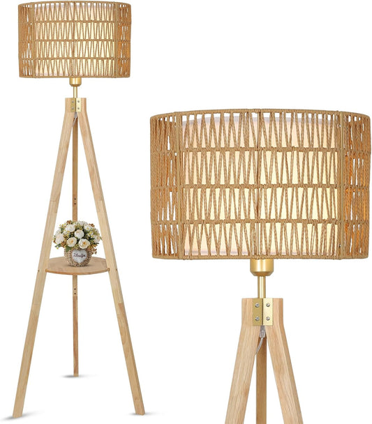 Oak Wood Tripod Floor Lamps for Living Room, Boho Floor Lamp with Shelves, Mid Century Rattan Standing Lamp with Fabric Shade, ON/Off Switch, Farmhouse Tall Floor Lamps for Bedroom Office