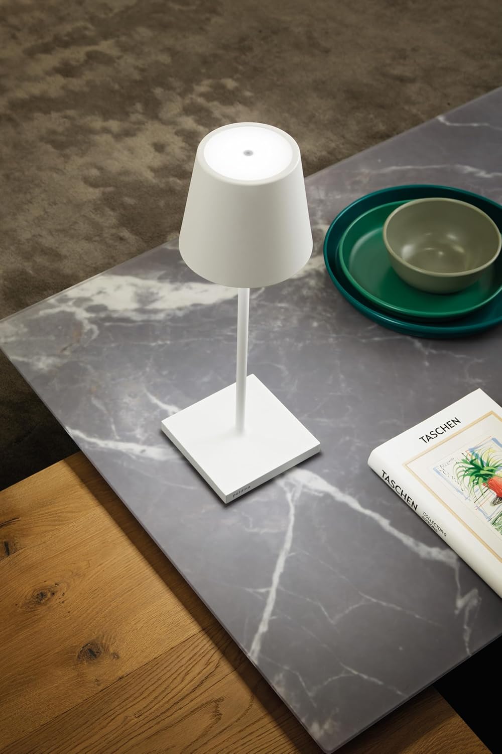 Zafferano, Poldina L Desk Lamp, Portable and Rechargeable Table Lamp with Touch Controls, Suitable for Indoor and Outdoor, Dimmer, 2200-3000 K, Height 19.6 Inches, White Color